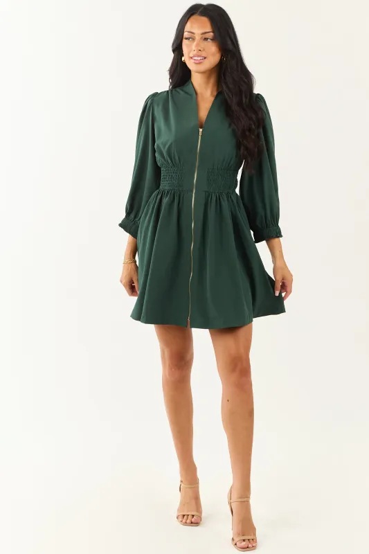 Forest Green Zip Up Smocked Waist Mini Dress sold by Lime Lush