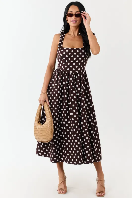 Chocolate Polka Dot Tie Strap Cotton Midi Dress sold by Lime Lush