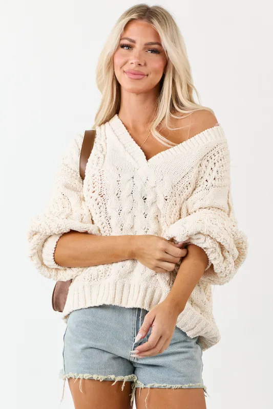 POL Cream Bubble Sleeve Cable Knit Sweater sold by Lime Lush