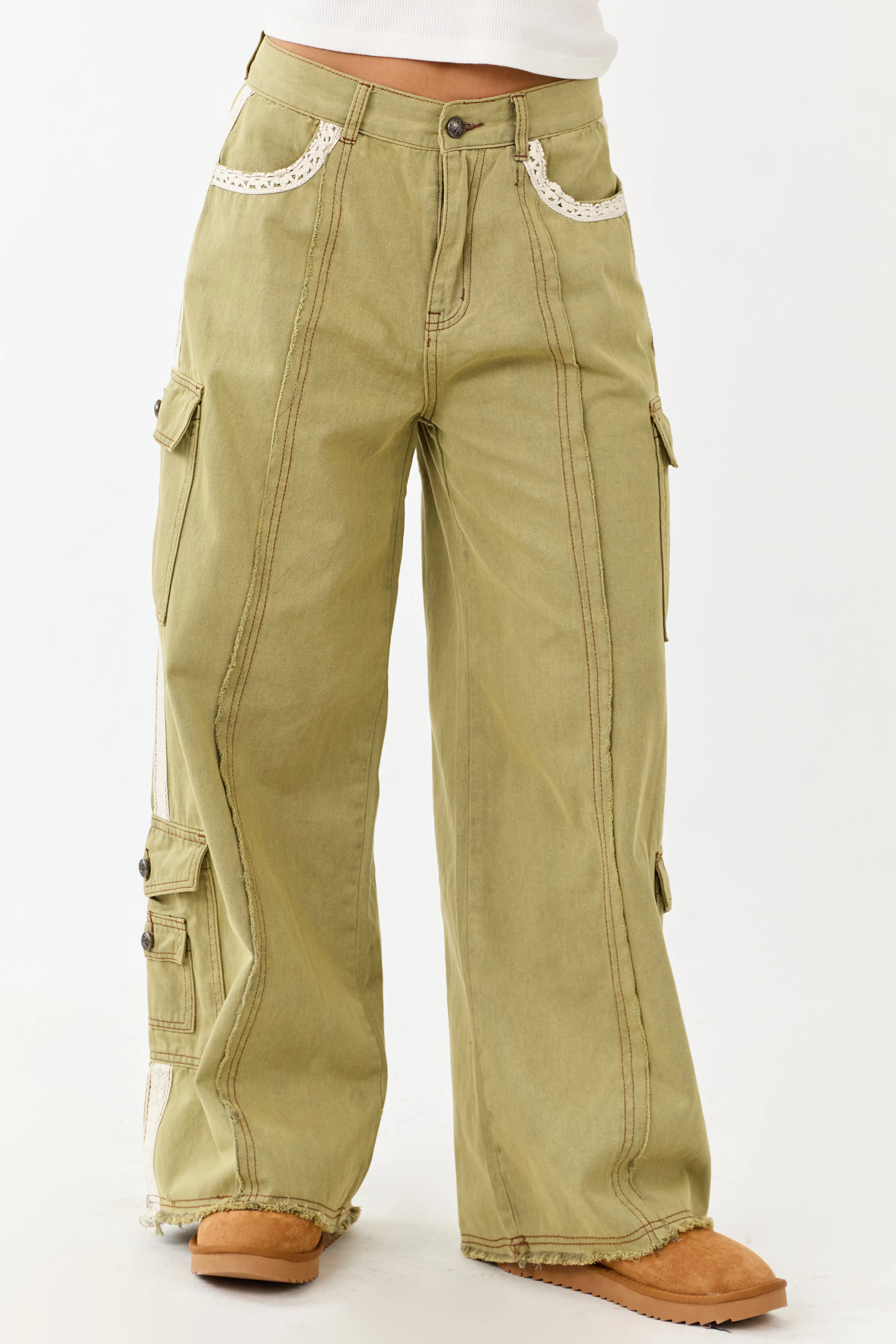 POL Olive Denim Patchwork Wide Leg Cargo Pants sold by Lime Lush product image thumbnail 2