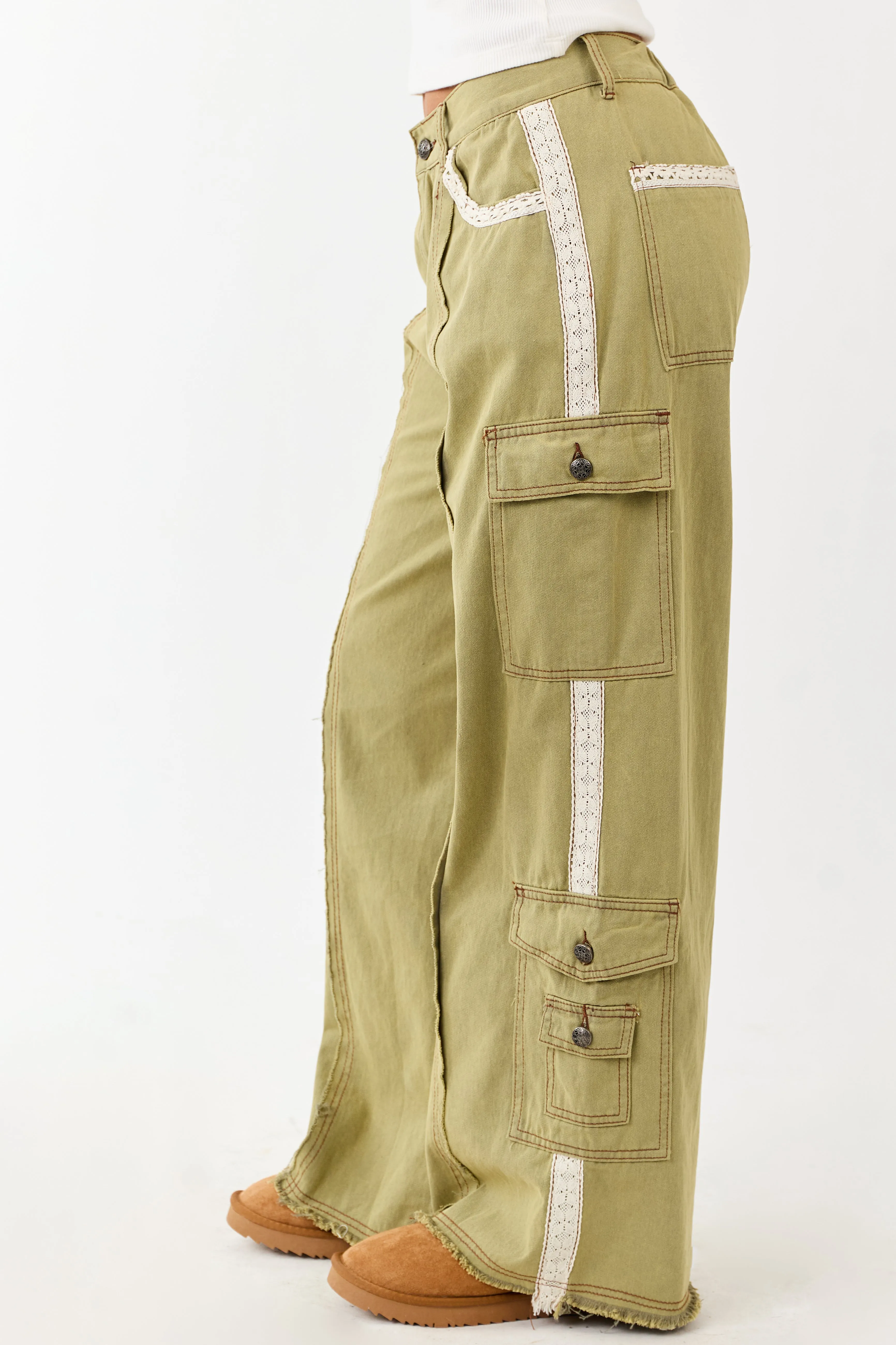 POL Olive Denim Patchwork Wide Leg Cargo Pants sold by Lime Lush product image thumbnail 3