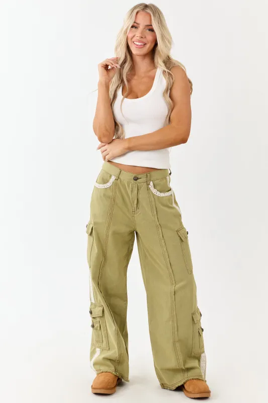 POL Olive Denim Patchwork Wide Leg Cargo Pants sold by Lime Lush