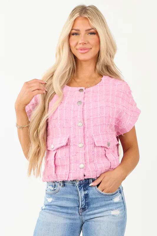Fuchsia Tweed Button Down Short Sleeve Top sold by Lime Lush