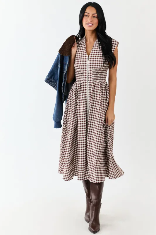 Entro Sepia Gingham Zip Up Cotton Midi Dress sold by Lime Lush