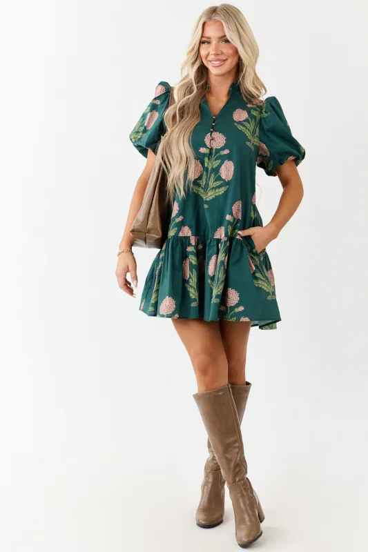 Entro Forest Green Floral Print Cotton Mini Dress sold by Lime Lush