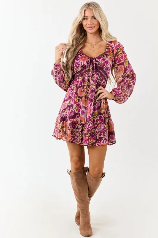 Plum Floral Print Deep V Neck Long Sleeve Mini Dress sold by Lime Lush