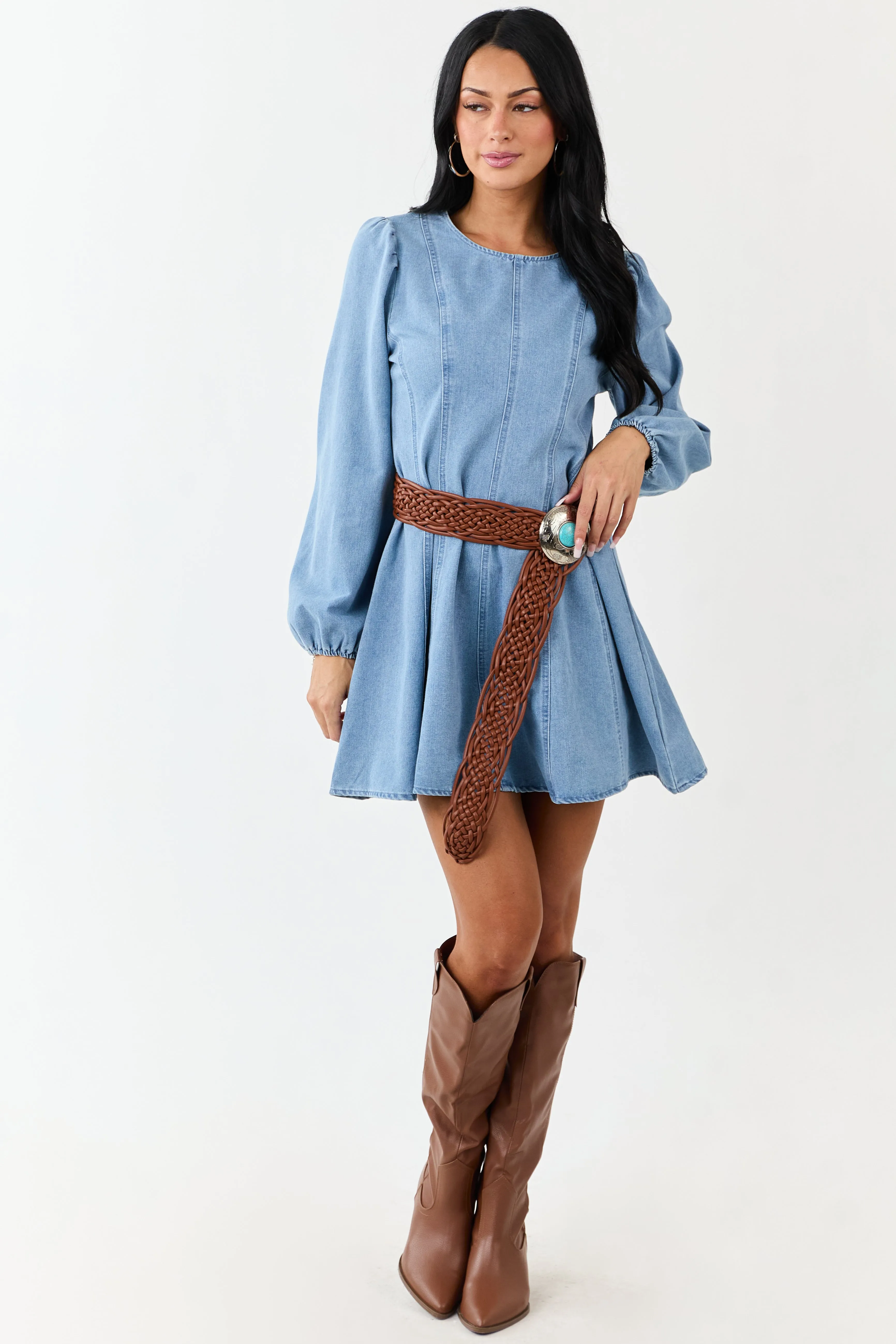 Light Mineral Wash Denim Long Sleeve Mini Dress sold by Lime Lush