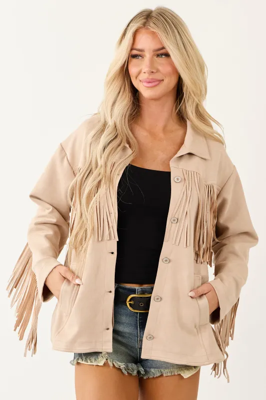 Entro Desert Sand Faux Suede Fringe Jacket sold by Lime Lush