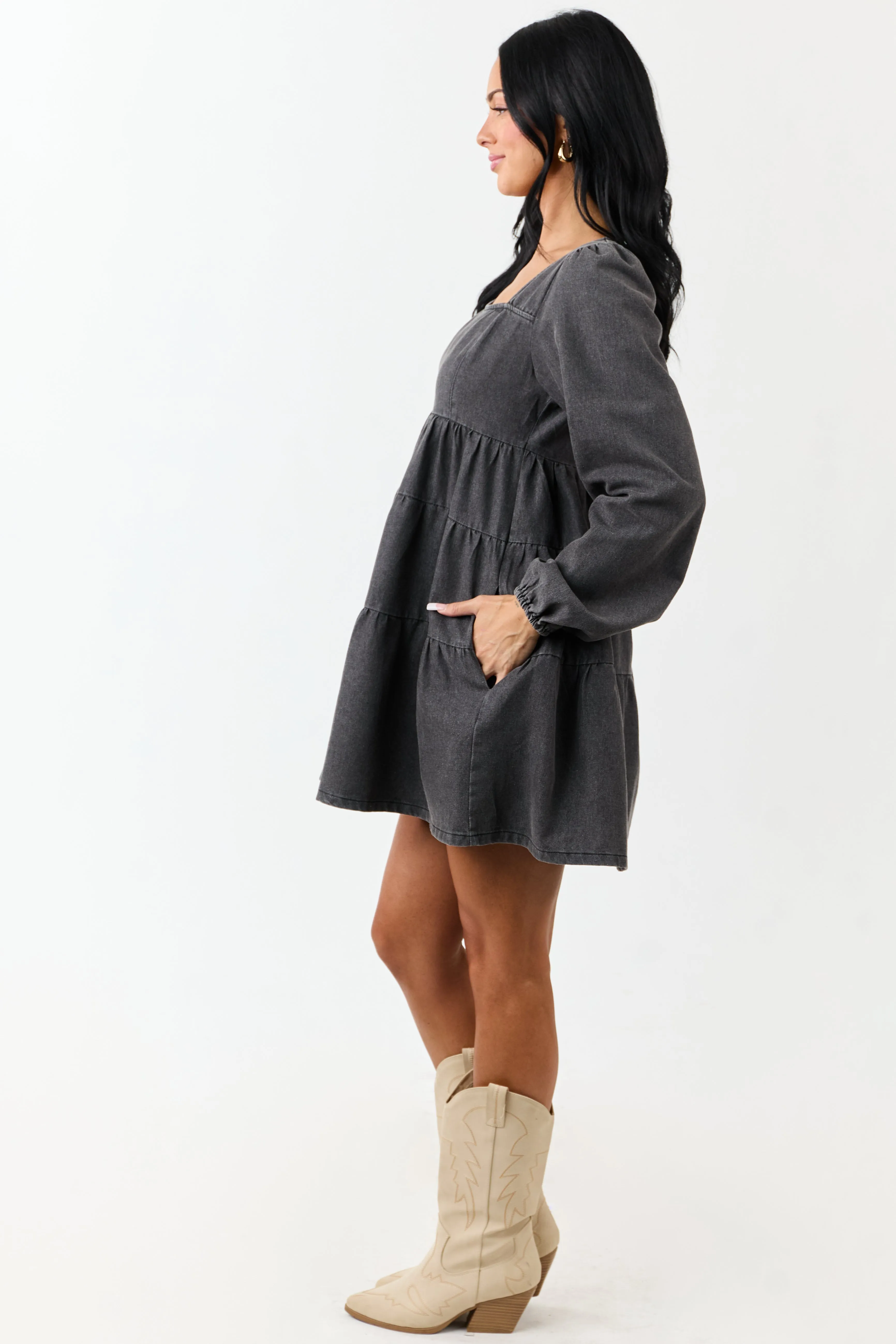Charcoal Long Puff Sleeve Tiered Denim Mini Dress sold by Lime Lush product image thumbnail 5