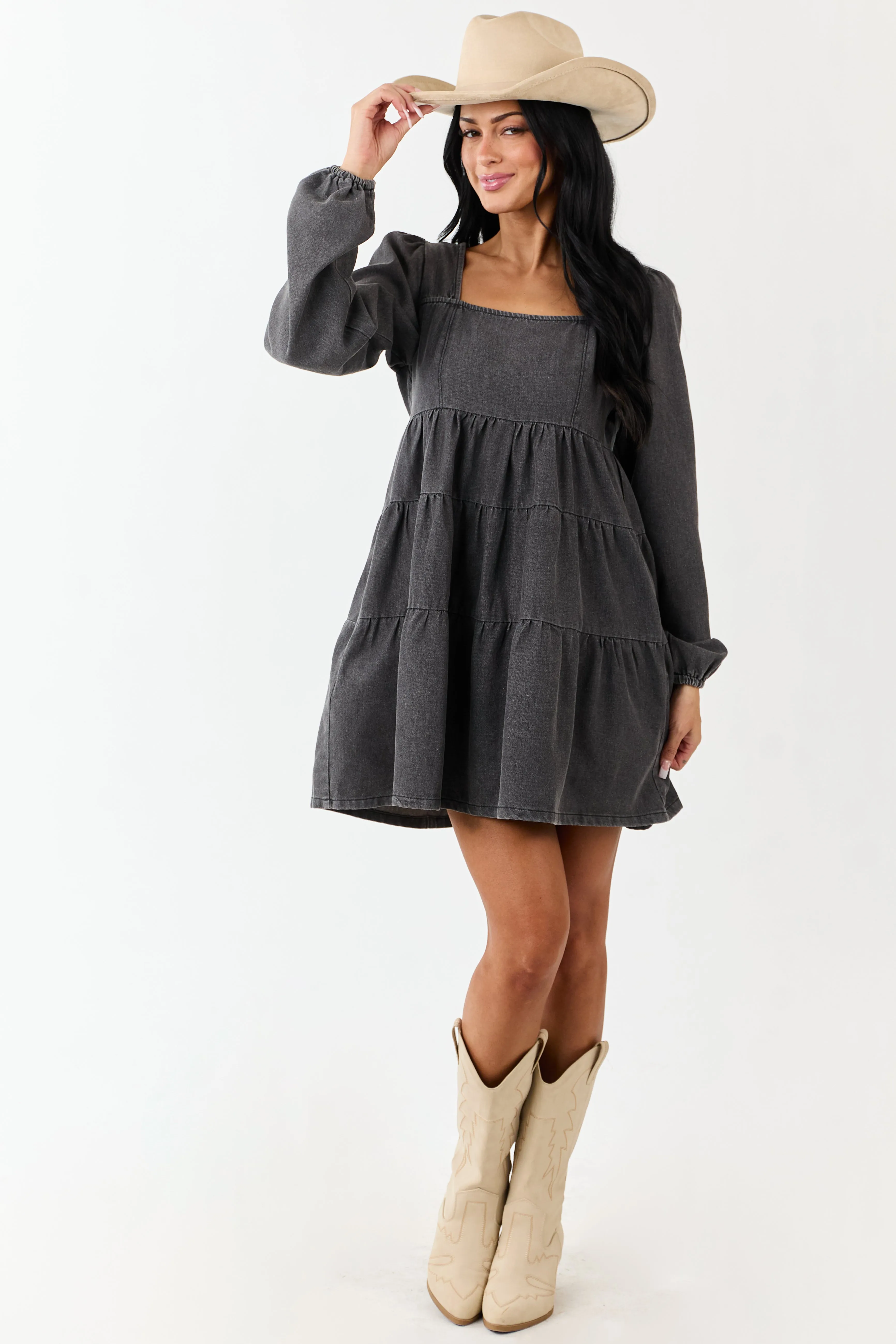 Charcoal Long Puff Sleeve Tiered Denim Mini Dress sold by Lime Lush product image thumbnail 4