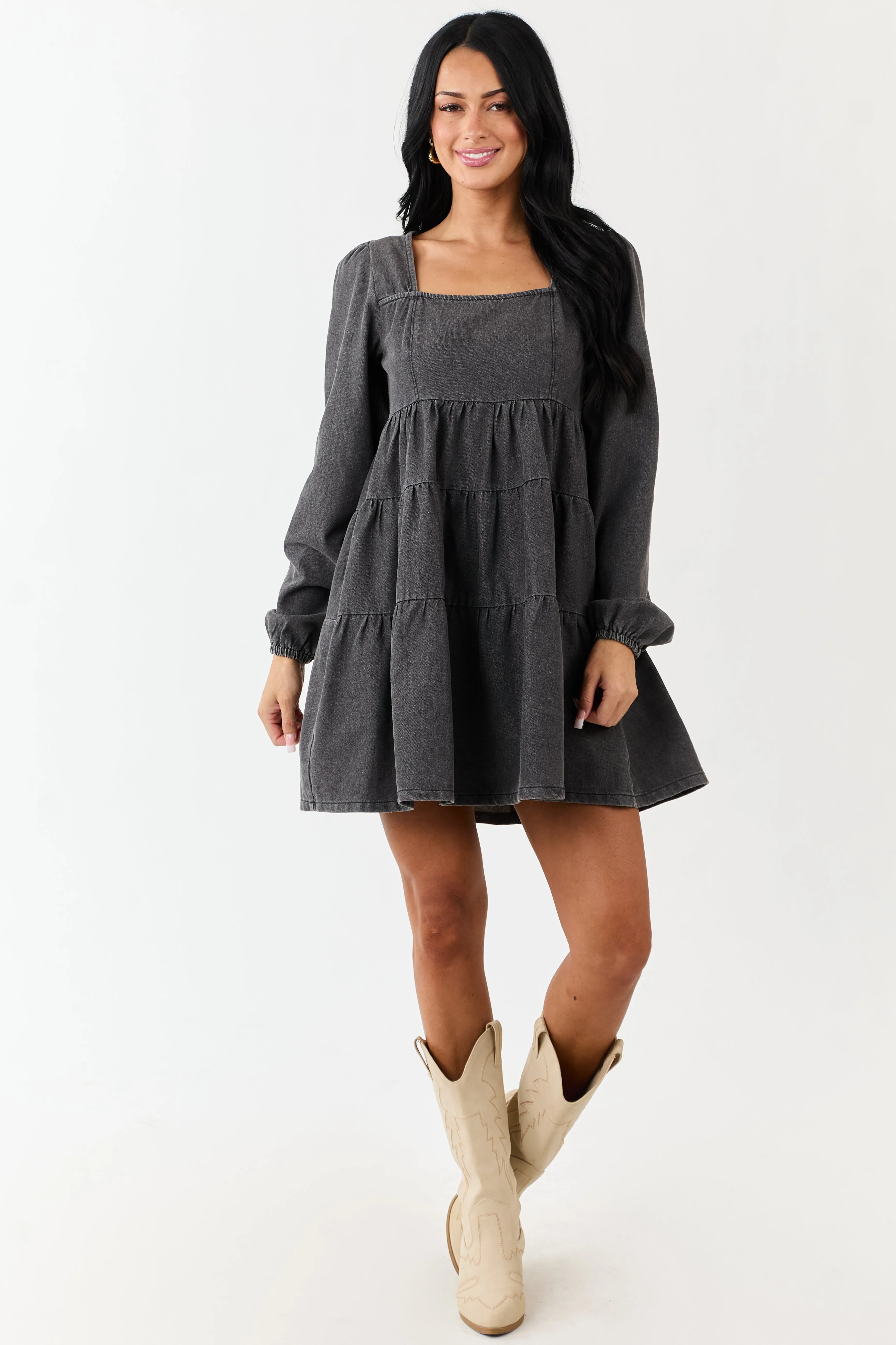 Charcoal Long Puff Sleeve Tiered Denim Mini Dress sold by Lime Lush product image thumbnail 3