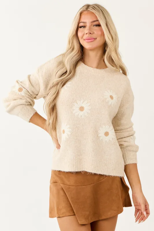 Entro Almond Daisy Embroidery Wool Blend Sweater sold by Lime Lush