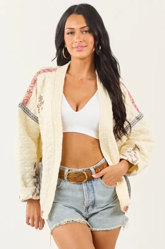 POL Cream Floral Embroidered Open Front Jacket sold by Lime Lush