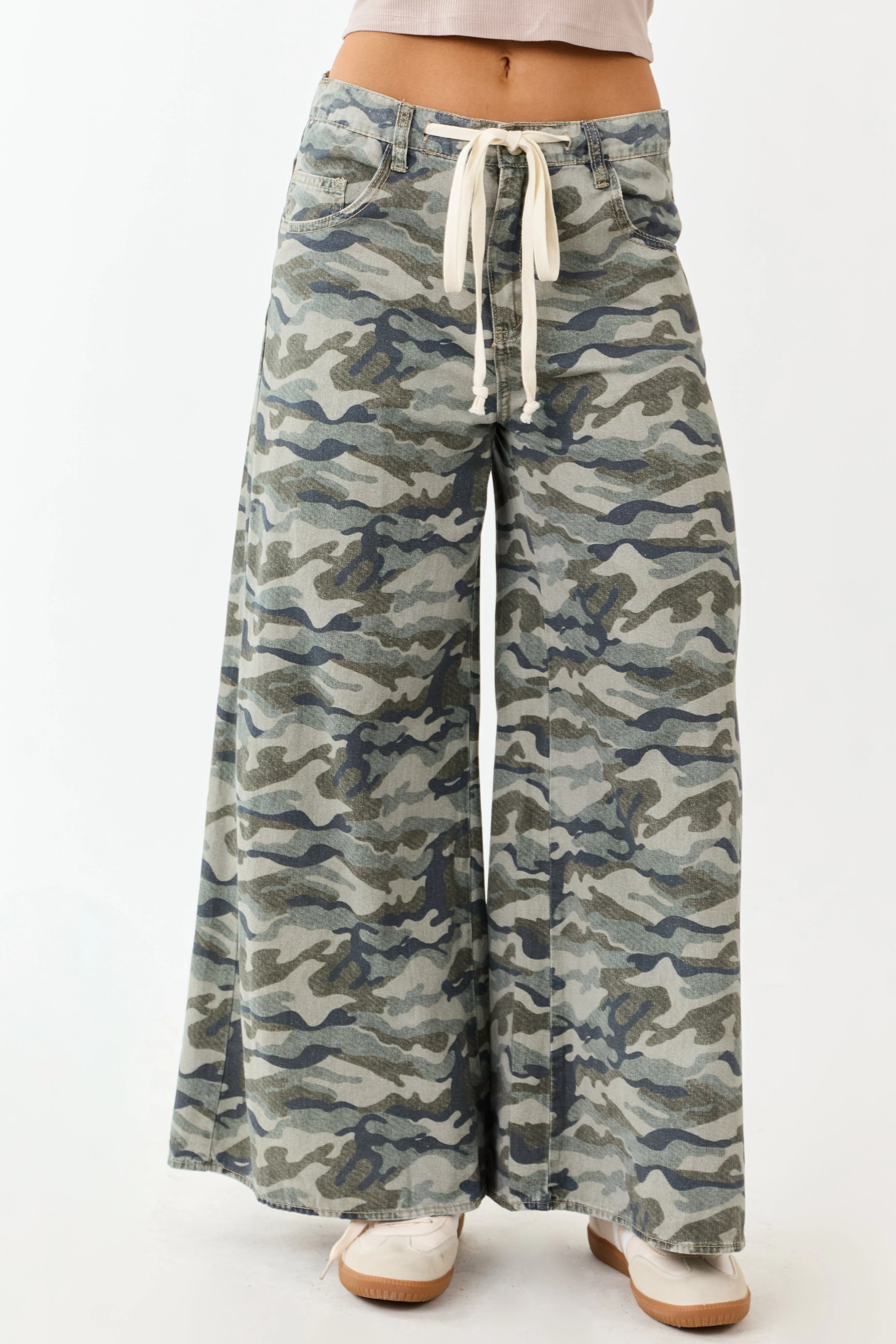 Olive Camo Print Wide Leg Drawstring Denim Pants sold by Lime Lush product image thumbnail 2