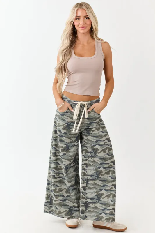 Olive Camo Print Wide Leg Drawstring Denim Pants sold by Lime Lush