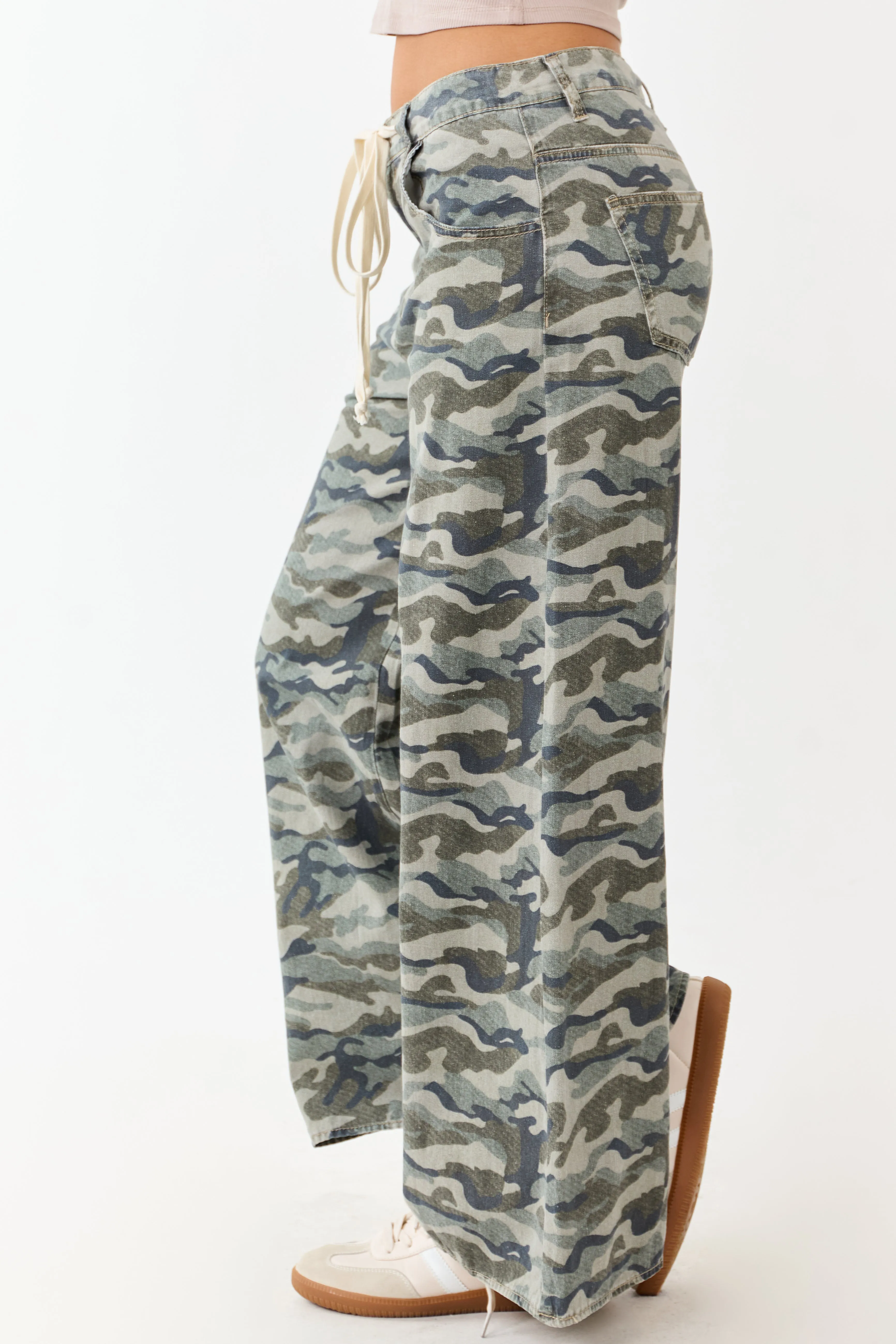 Olive Camo Print Wide Leg Drawstring Denim Pants sold by Lime Lush product image thumbnail 3