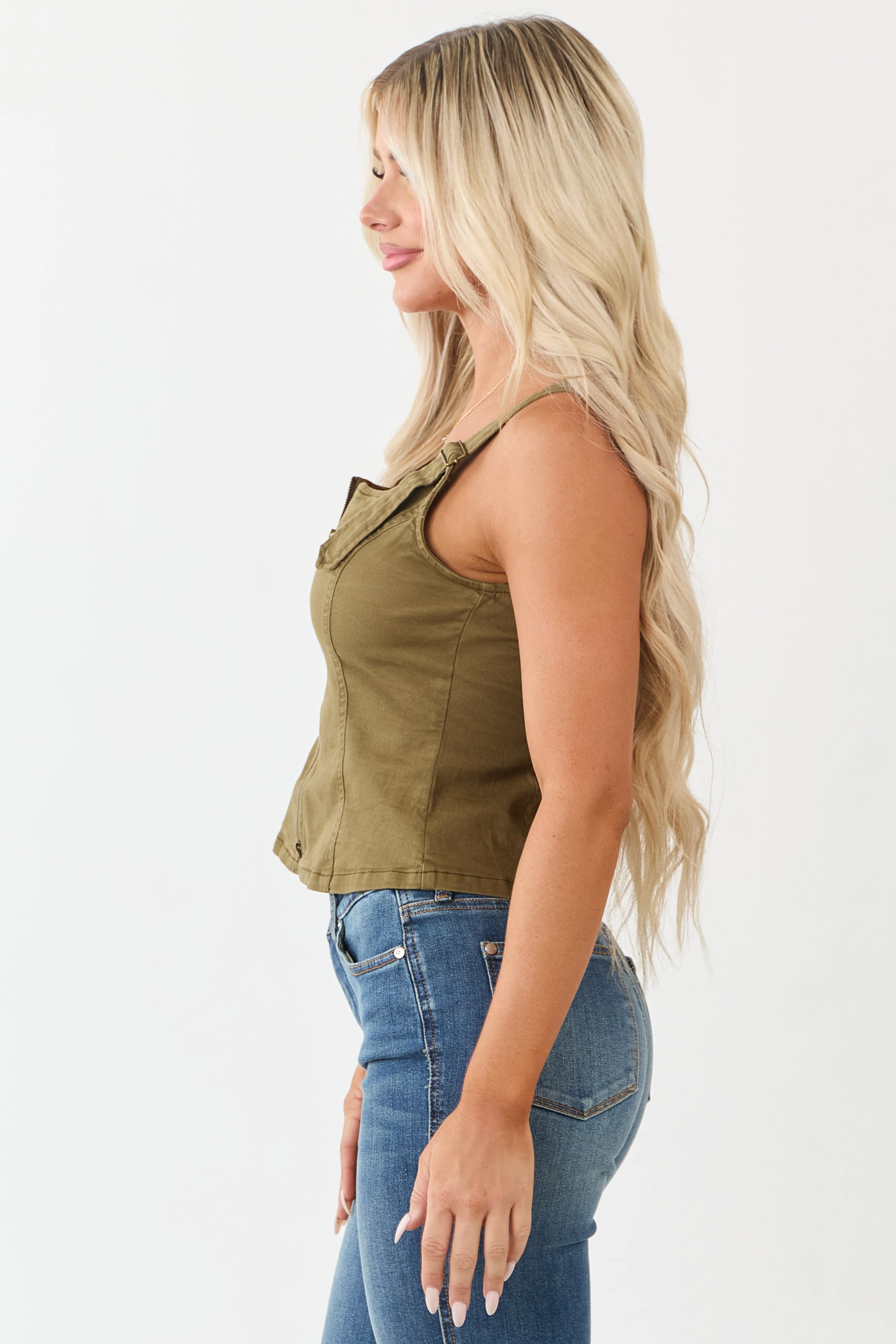Olive Stretchy Denim Two Way Zipper Tank Top sold by Lime Lush product image thumbnail 5