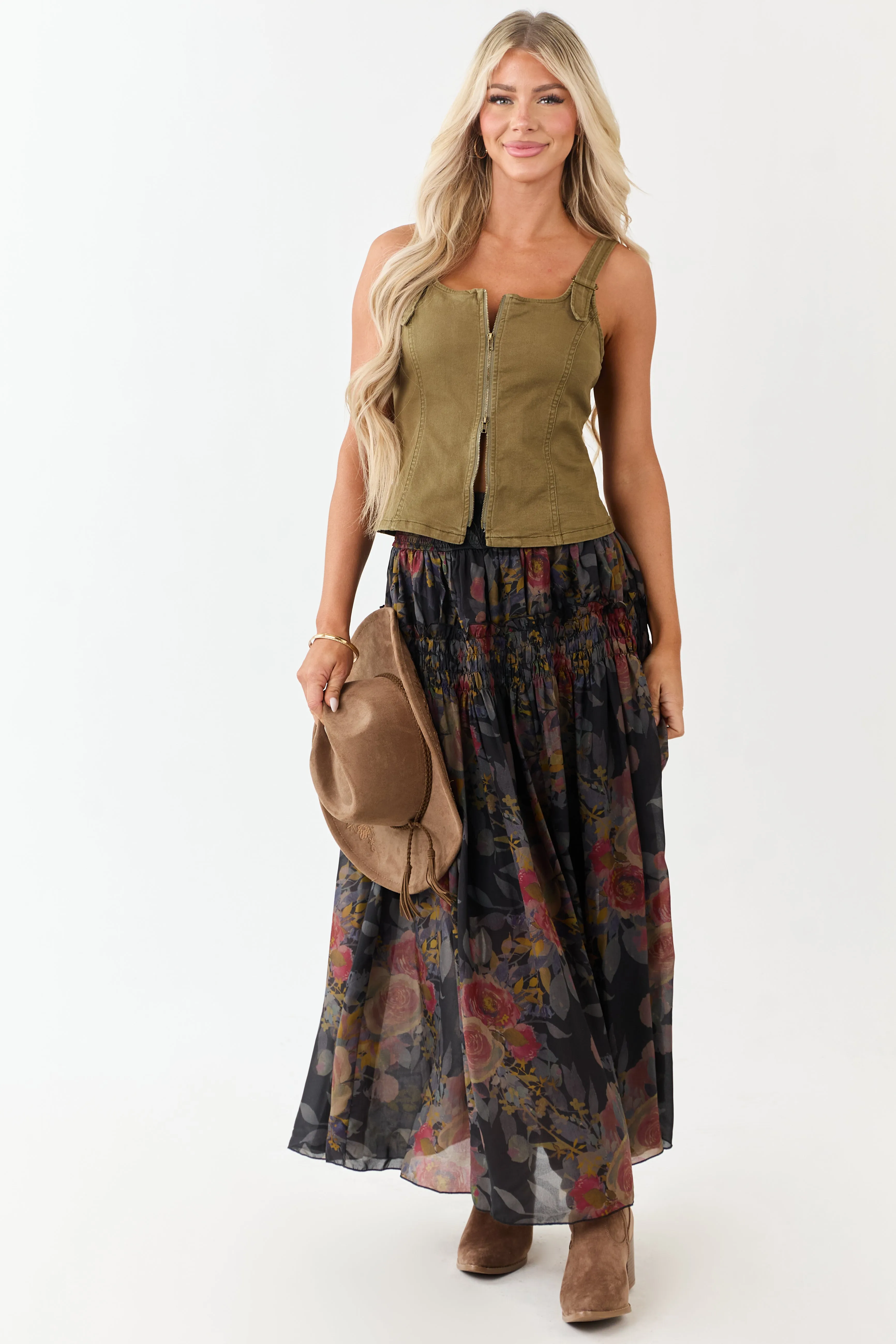 Olive Stretchy Denim Two Way Zipper Tank Top sold by Lime Lush product image thumbnail 4