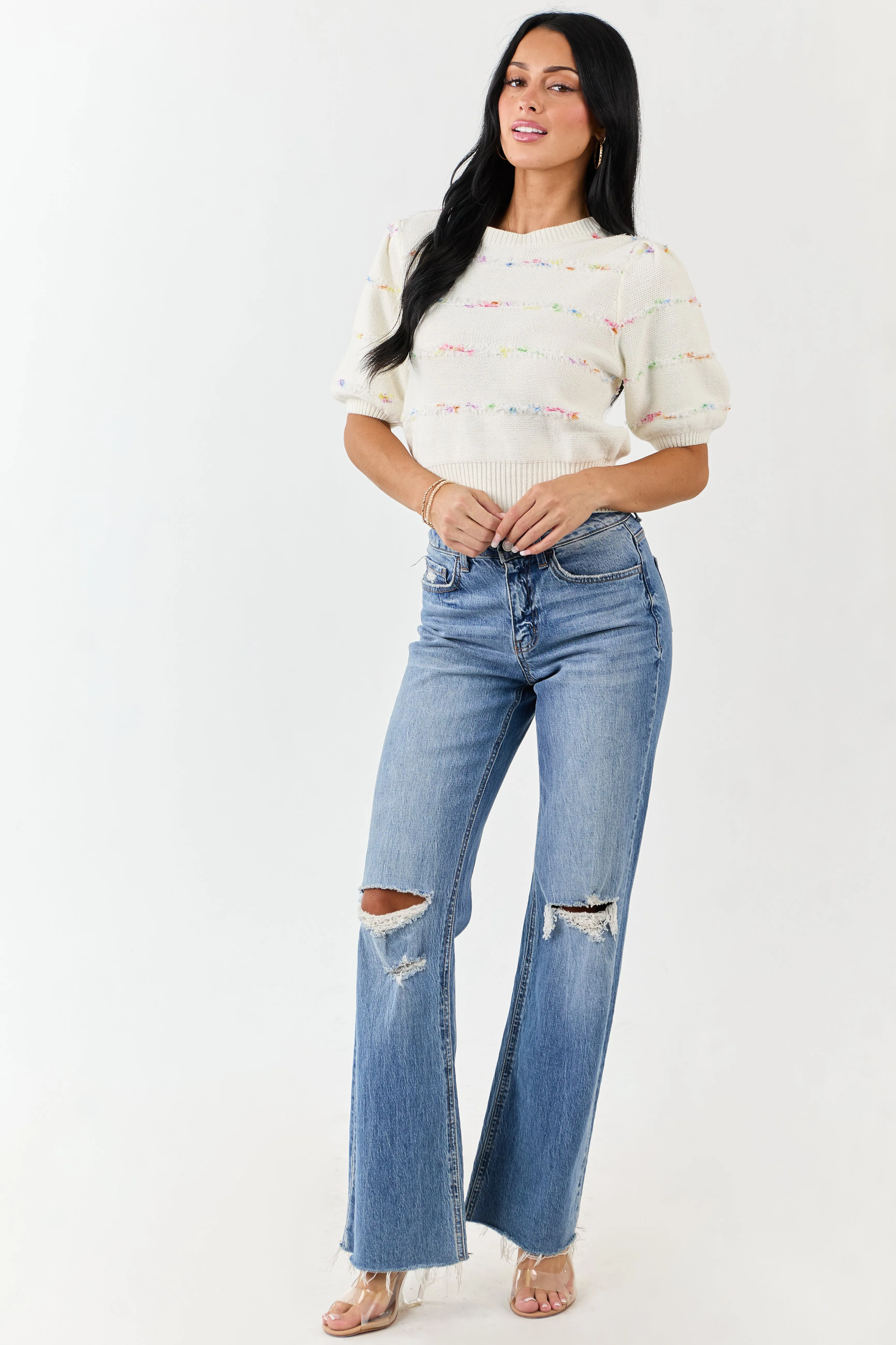 Cream Textured Stripe Detail Half Sleeve Sweater Top sold by Lime Lush product image thumbnail 2