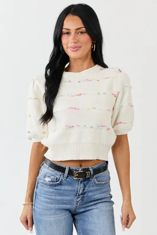 Cream Textured Stripe Detail Half Sleeve Sweater Top sold by Lime Lush