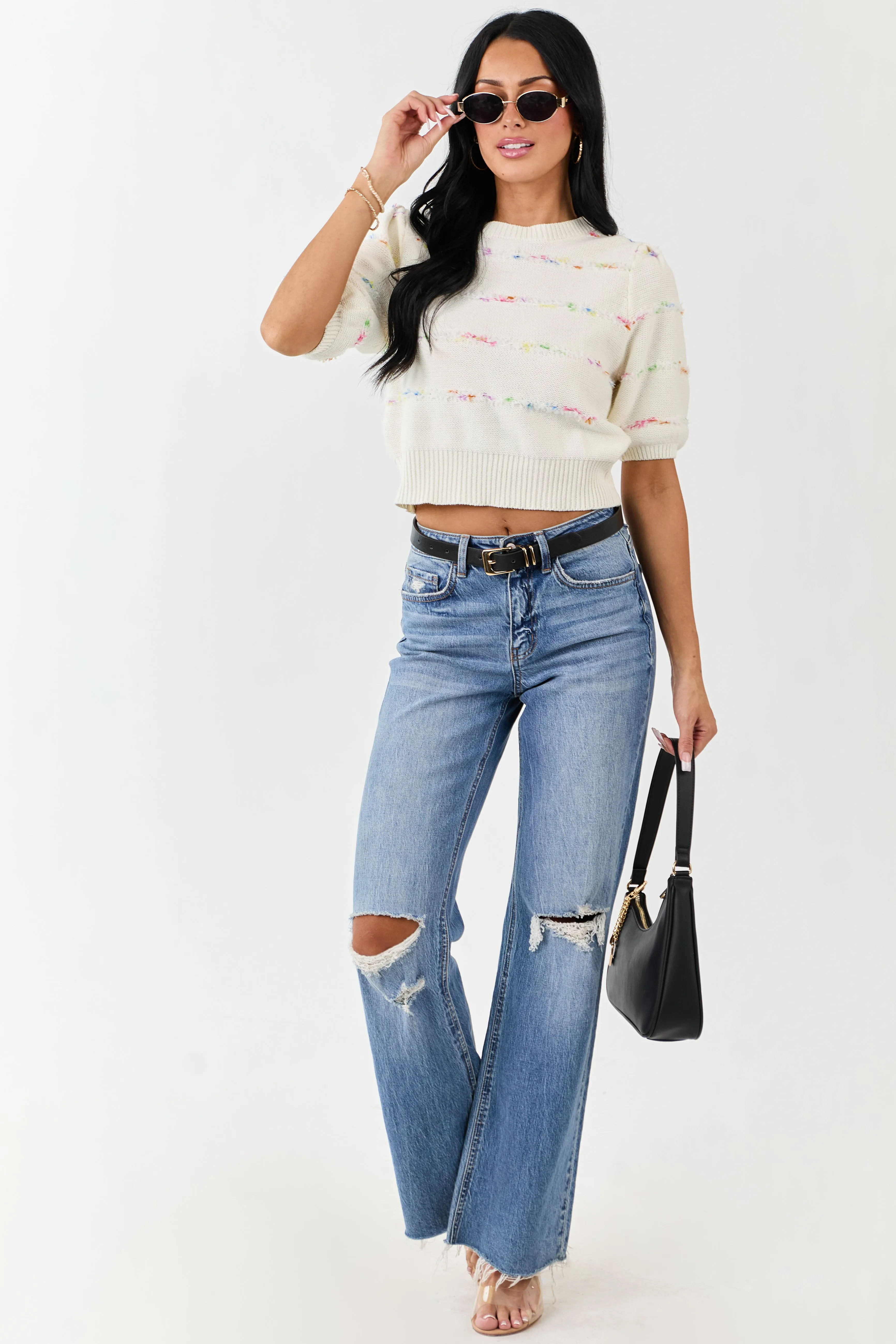 Cream Textured Stripe Detail Half Sleeve Sweater Top sold by Lime Lush product image thumbnail 3