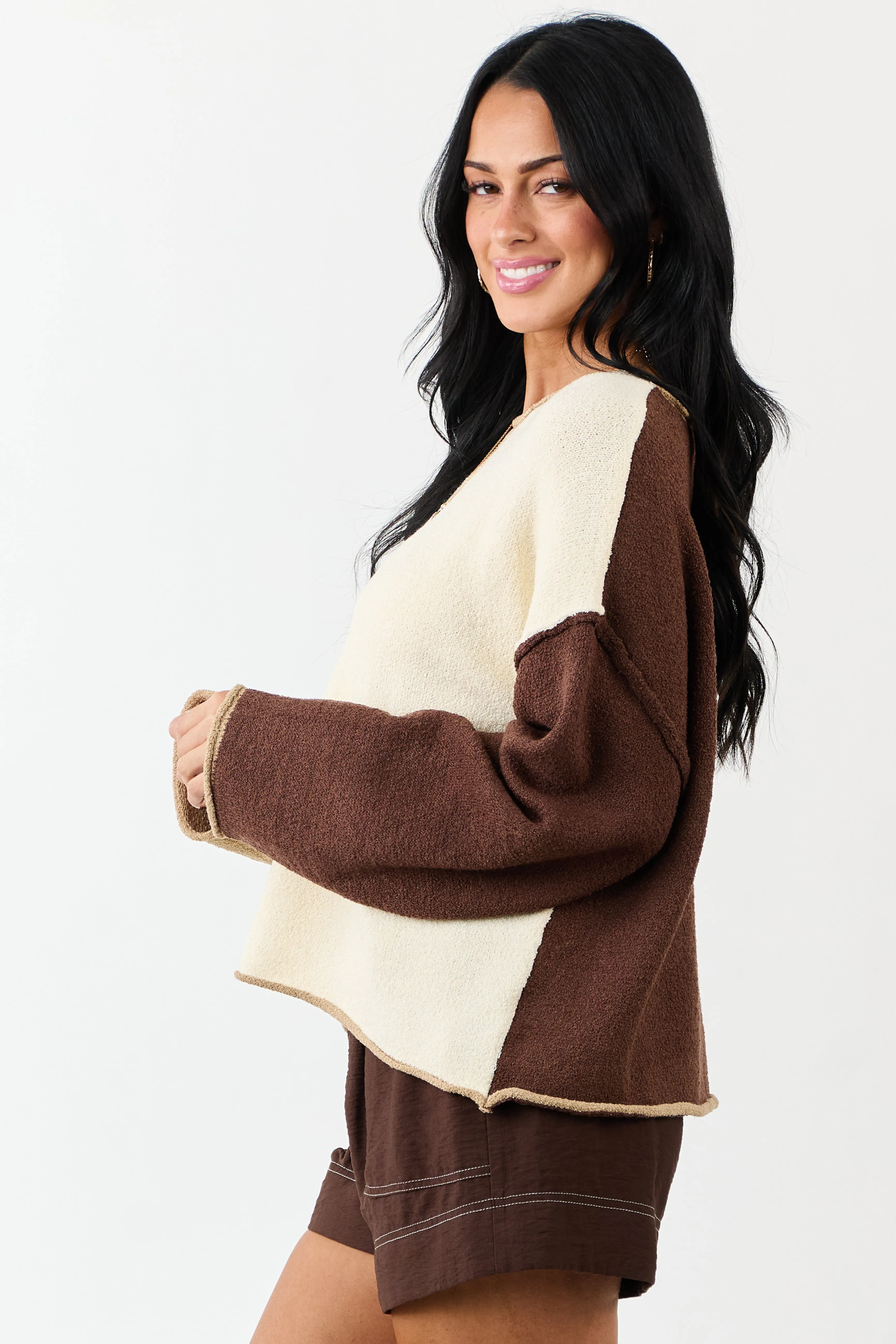 Cream Colorblock Rolled Seam Textured Sweater sold by Lime Lush product image thumbnail 5