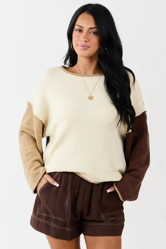 Cream Colorblock Rolled Seam Textured Sweater sold by Lime Lush
