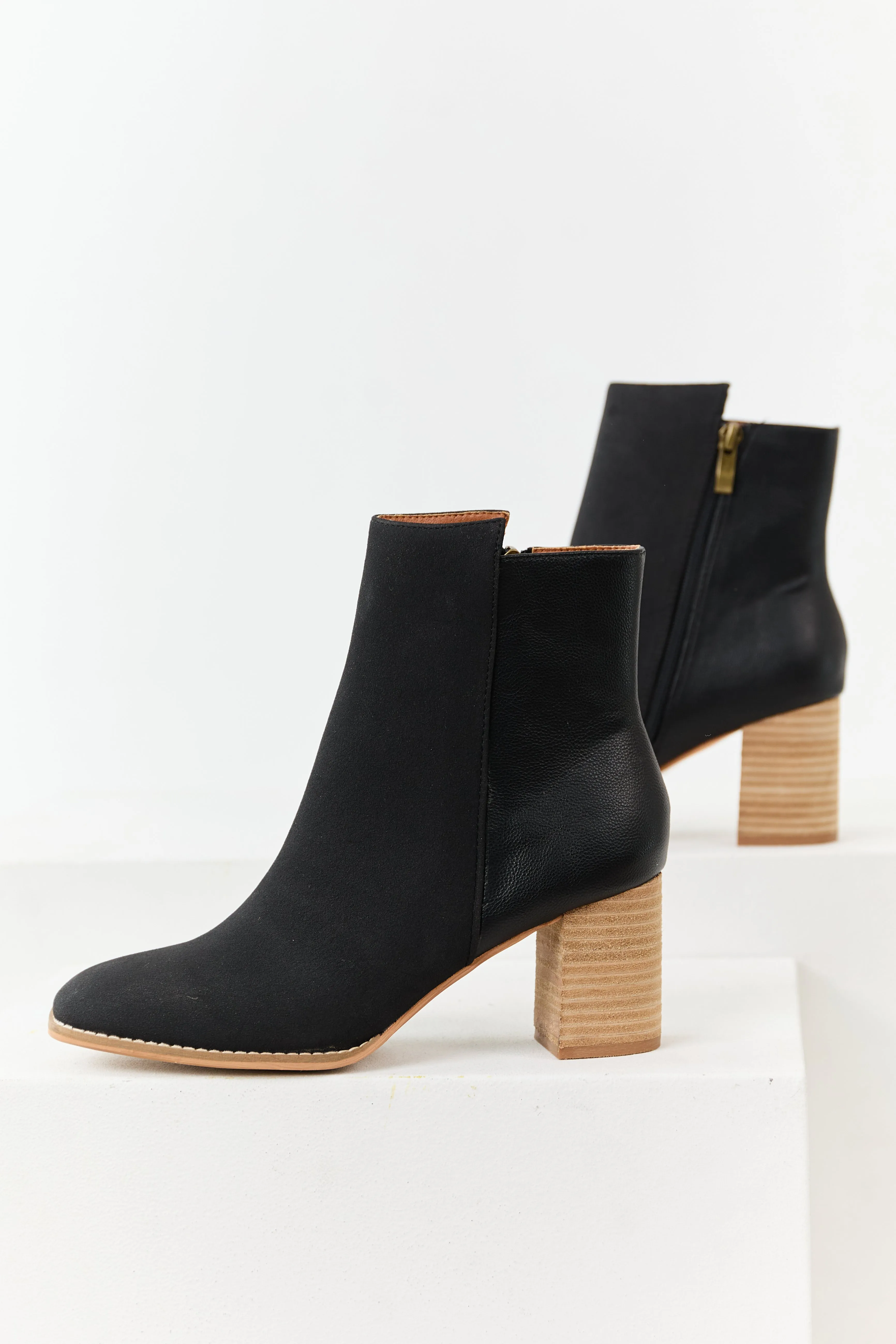 Black Faux Leather Contrast Heeled Booties sold by Lime Lush
