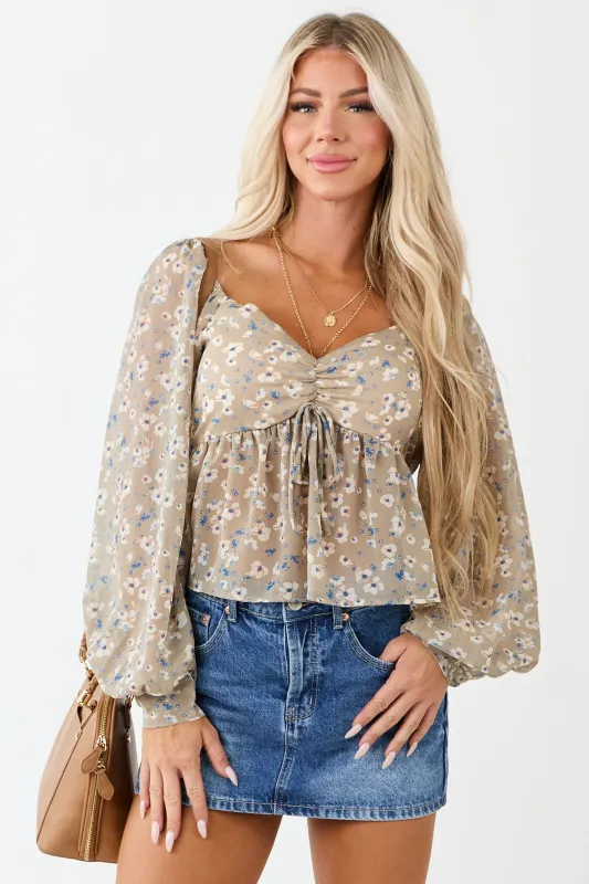 Khaki Floral Print Sweetheart Neck Long Sleeve Top sold by Lime Lush
