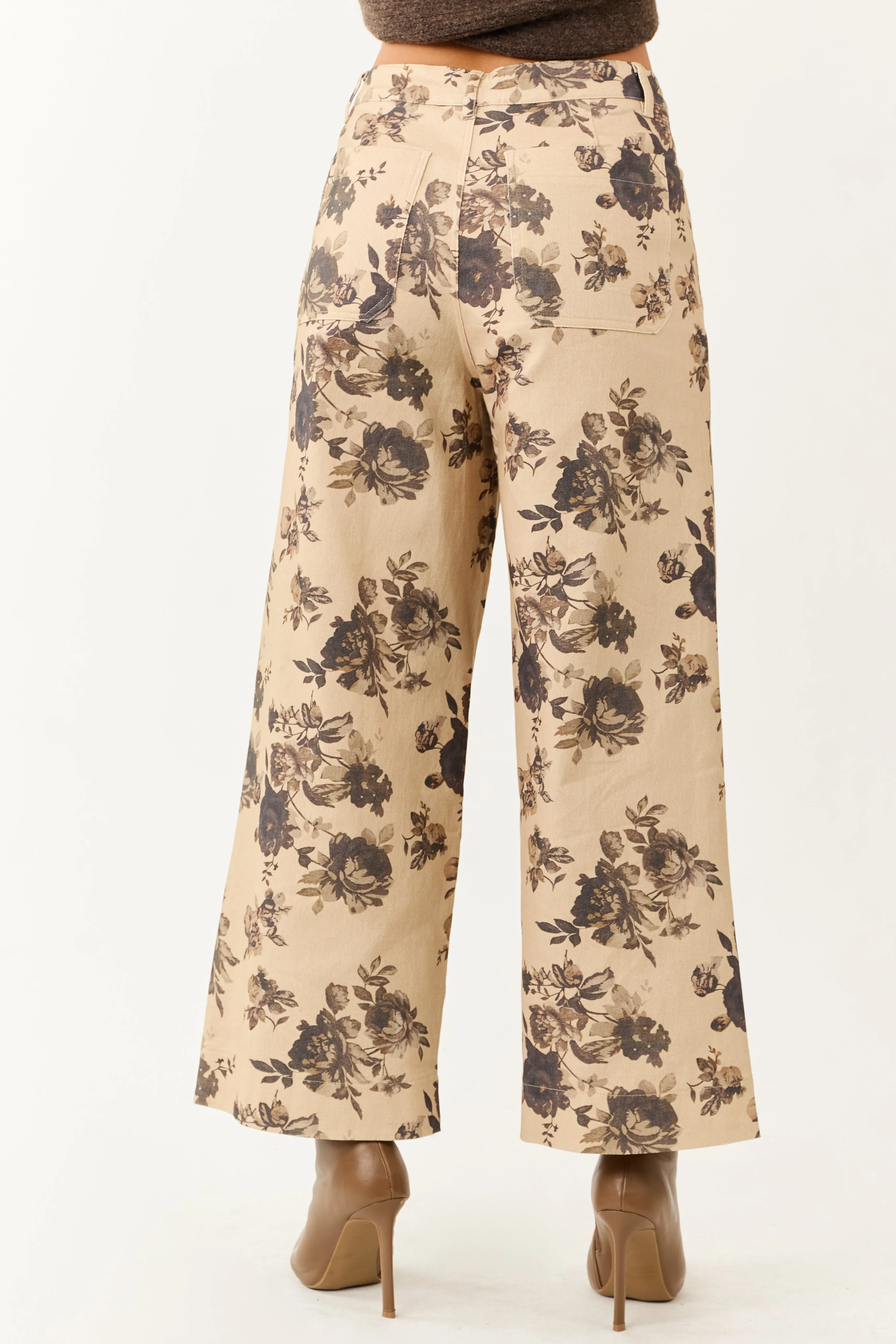 Entro Beige Rose Print Wide Leg High Rise Denim Pants sold by Lime Lush product image thumbnail 4