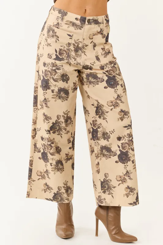 Entro Beige Rose Print Wide Leg High Rise Denim Pants sold by Lime Lush