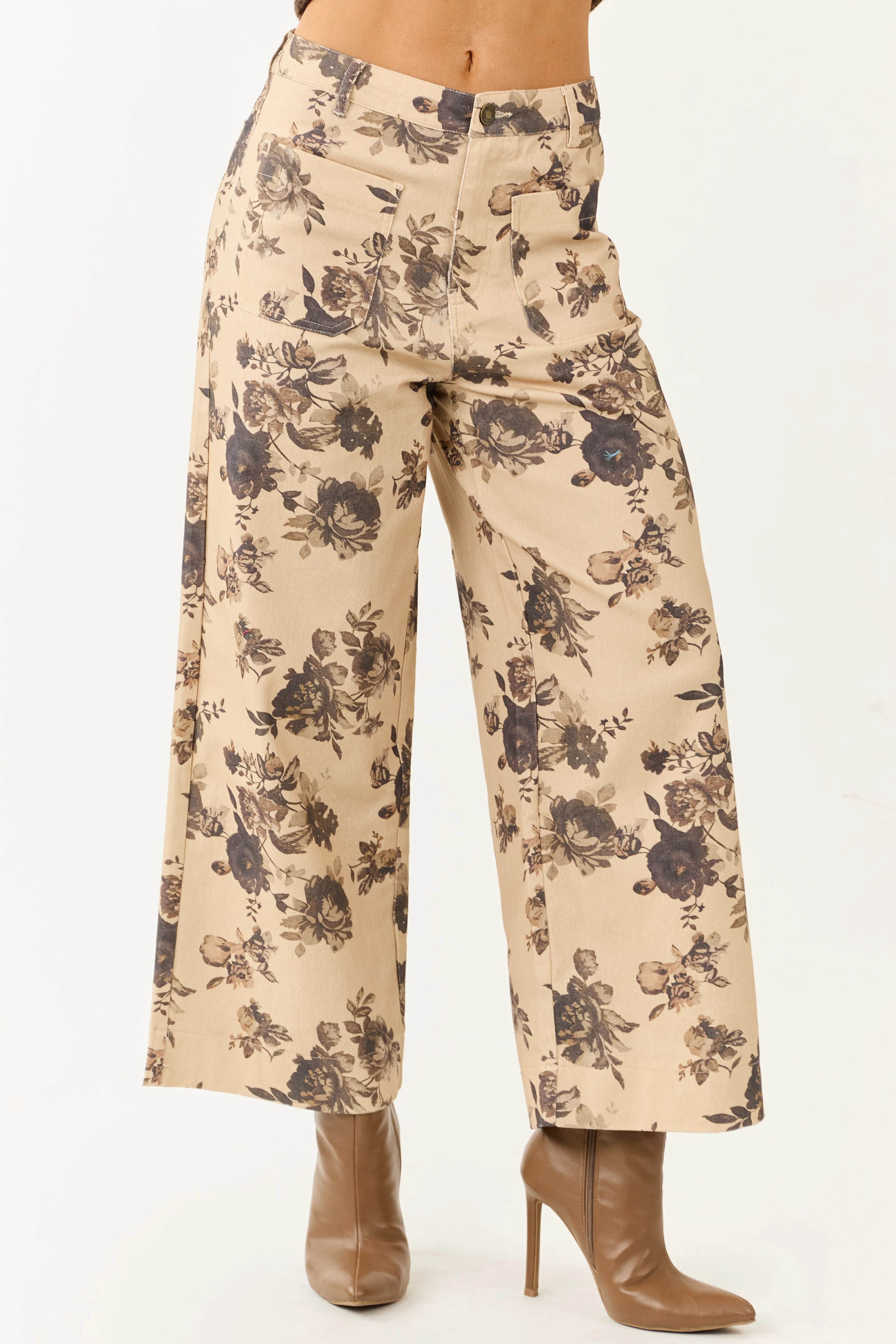 Entro Beige Rose Print Wide Leg High Rise Denim Pants sold by Lime Lush