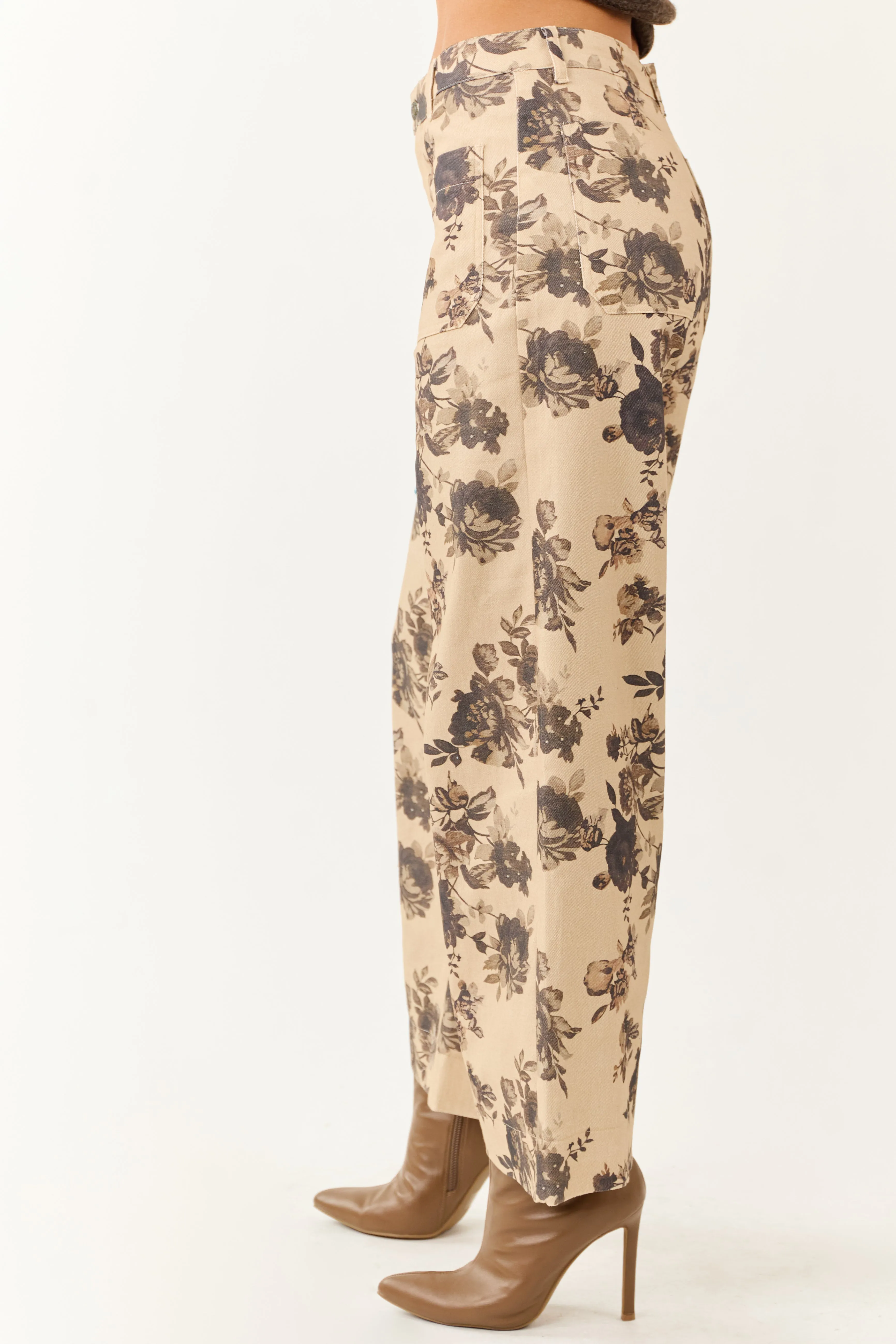 Entro Beige Rose Print Wide Leg High Rise Denim Pants sold by Lime Lush product image thumbnail 3