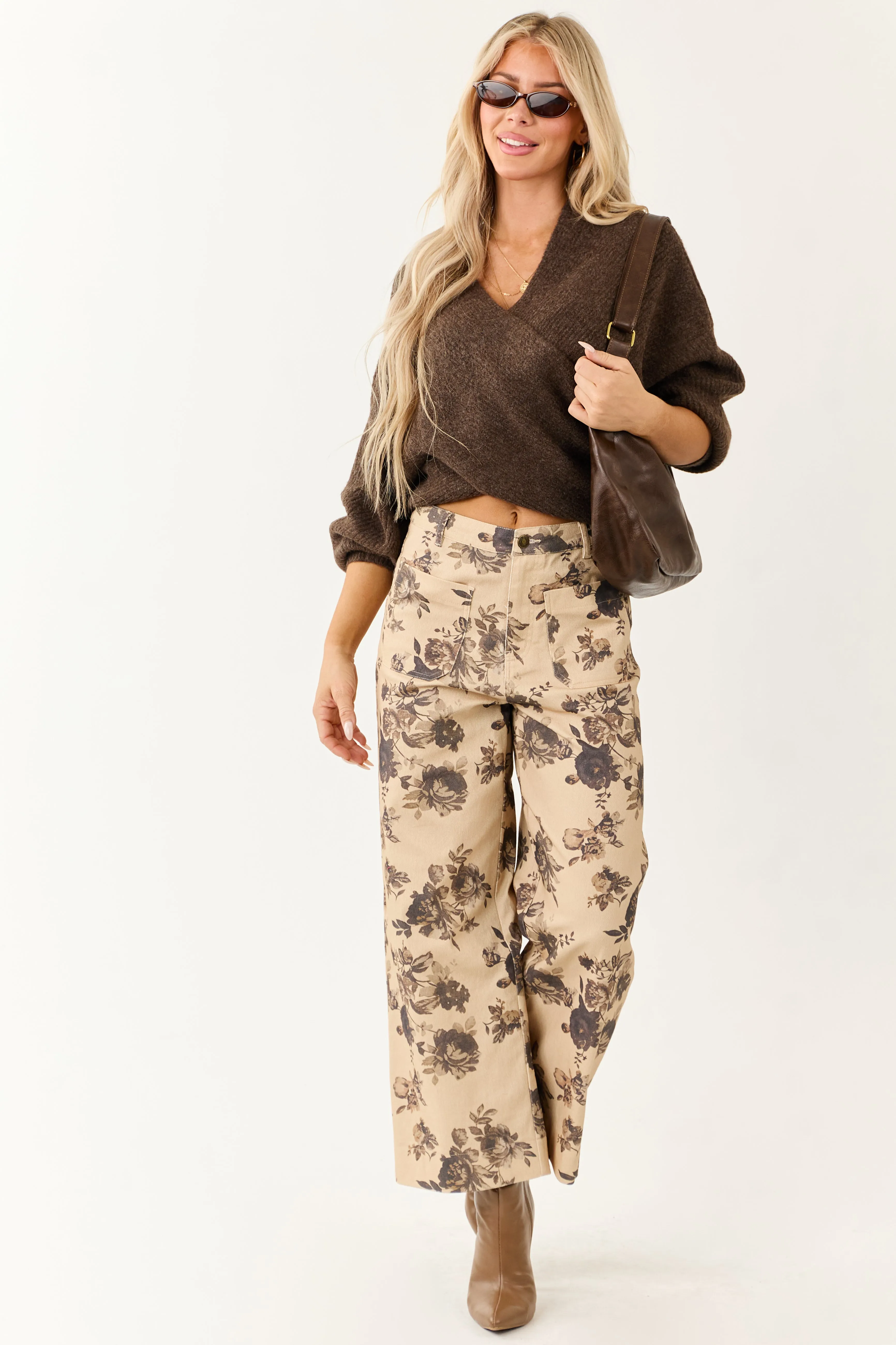Entro Beige Rose Print Wide Leg High Rise Denim Pants sold by Lime Lush product image thumbnail 5