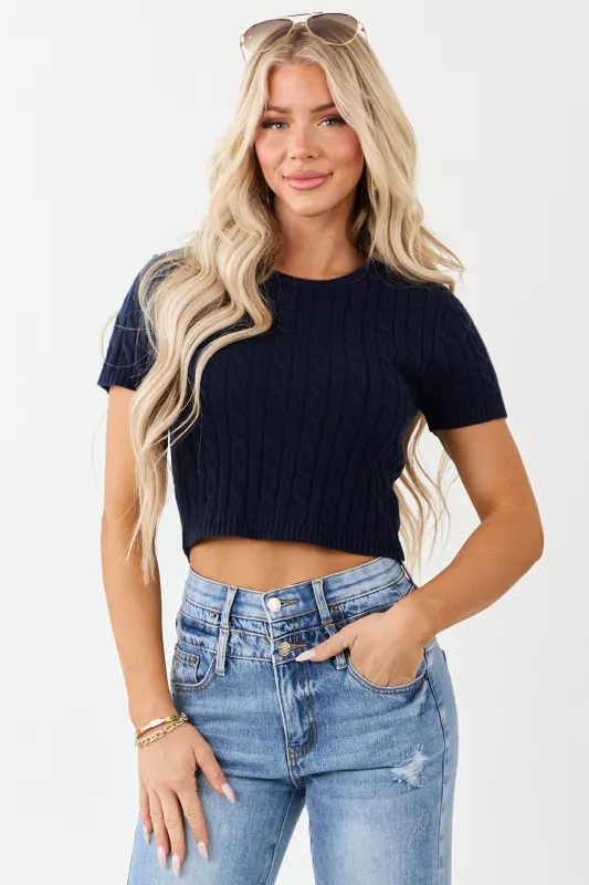 Navy Round Neck Short Sleeve Cable Knit Top sold by Lime Lush