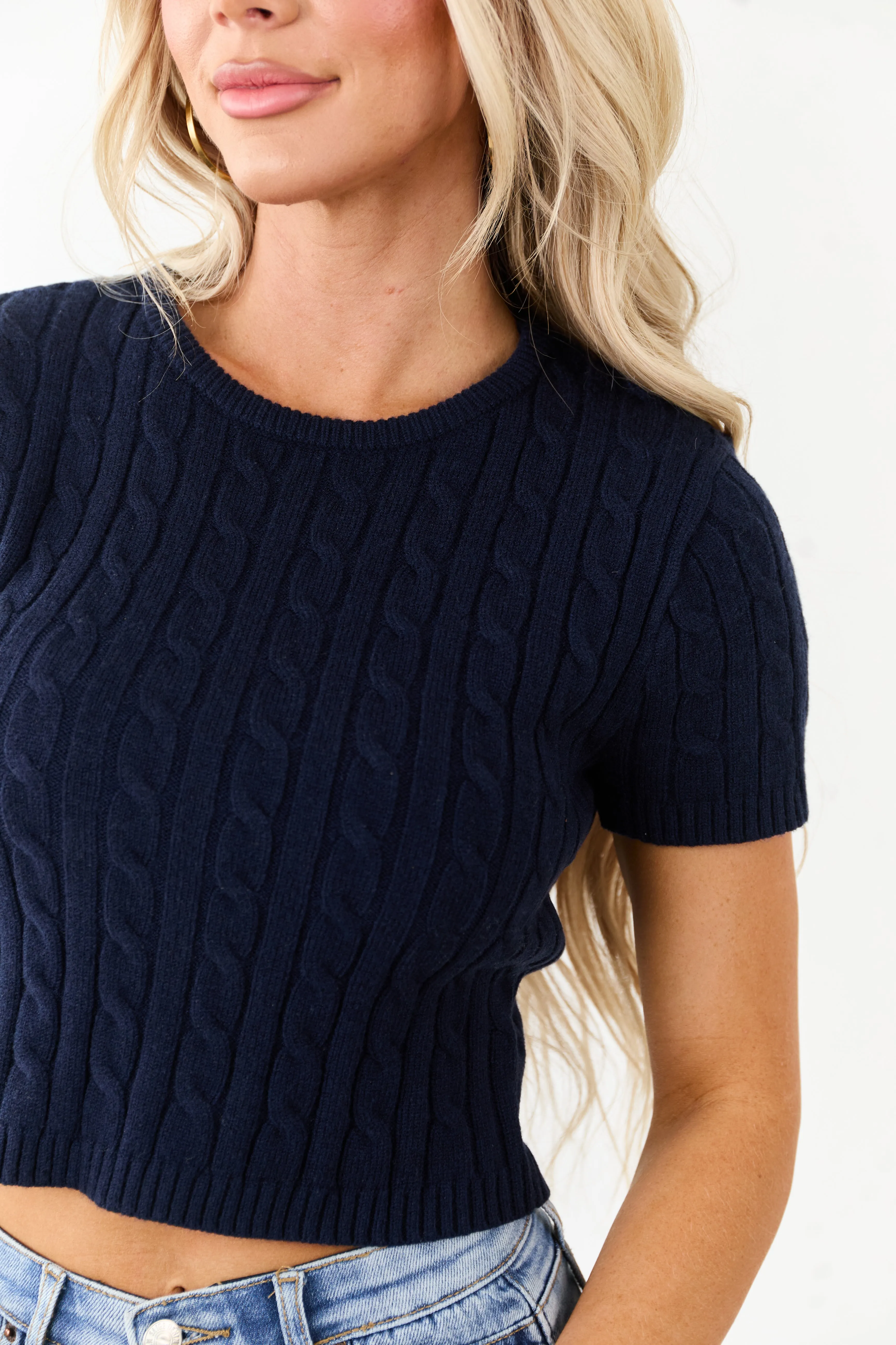 Navy Round Neck Short Sleeve Cable Knit Top sold by Lime Lush product image thumbnail 2