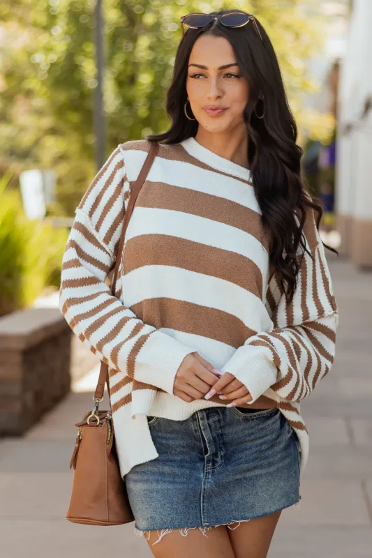 Ivory and Coffee Multi Striped Relaxed Sweater sold by Lime Lush