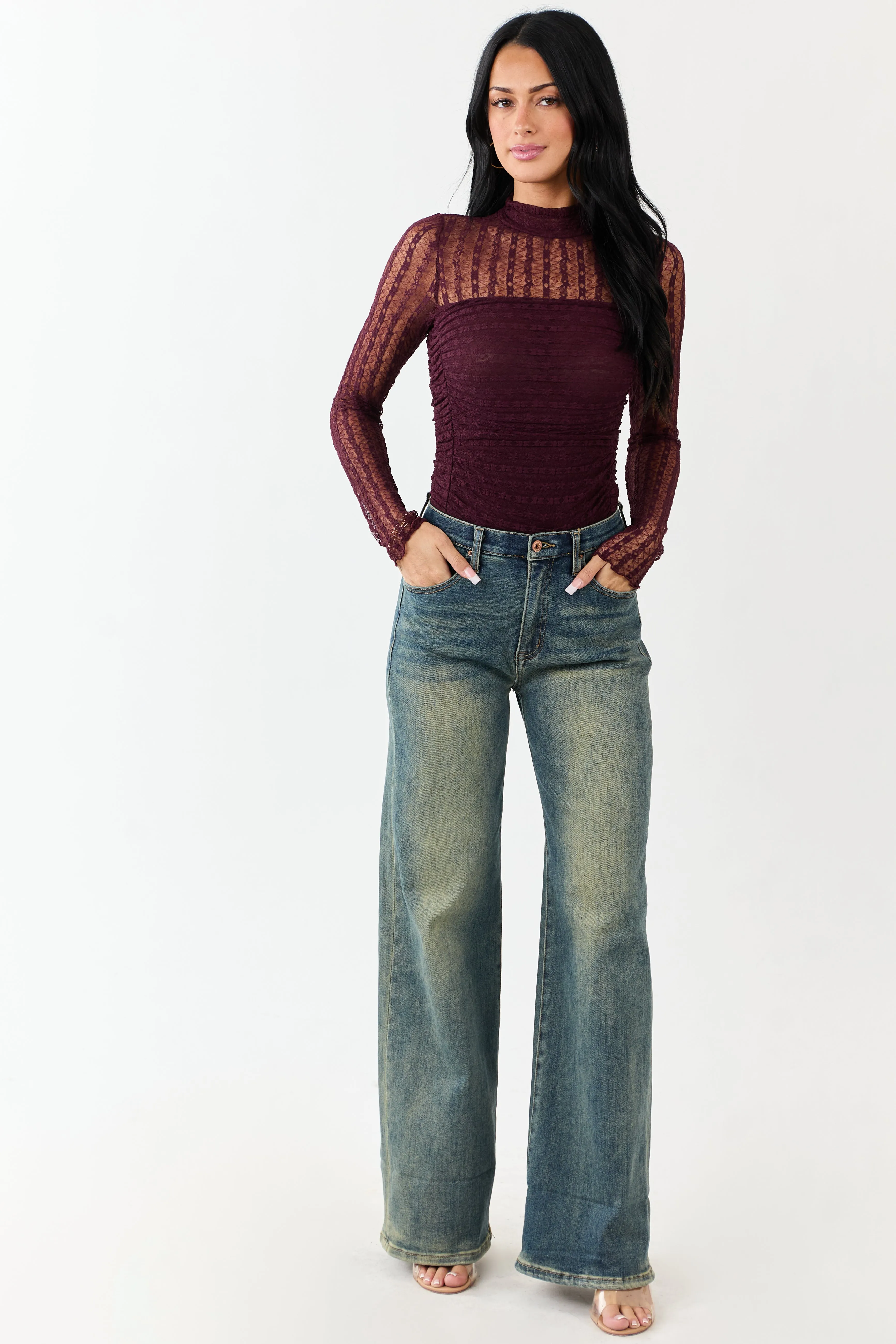 Eggplant Mesh Lace Ruched Long Sleeve Bodysuit sold by Lime Lush product image thumbnail 4