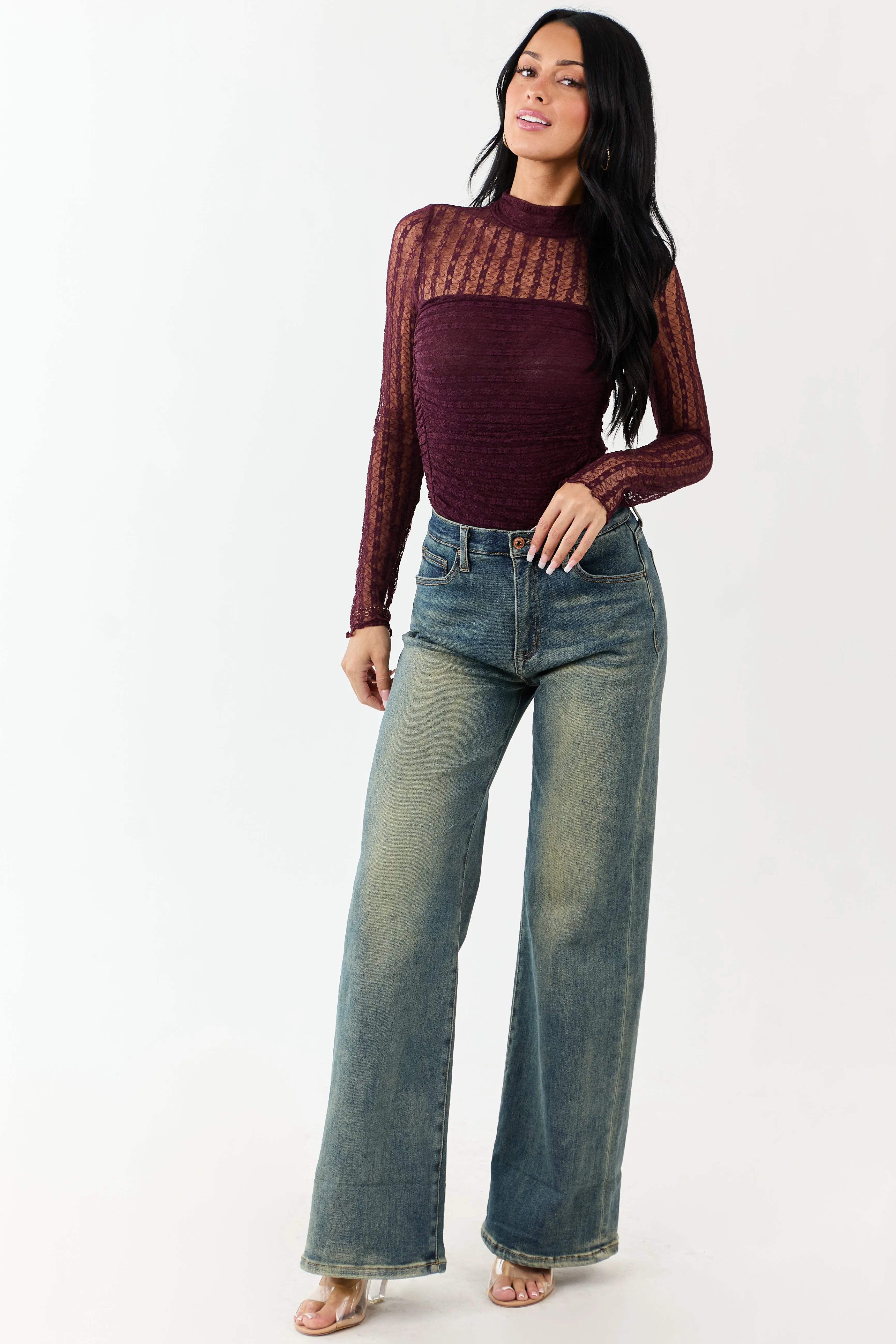 Eggplant Mesh Lace Ruched Long Sleeve Bodysuit sold by Lime Lush product image thumbnail 5