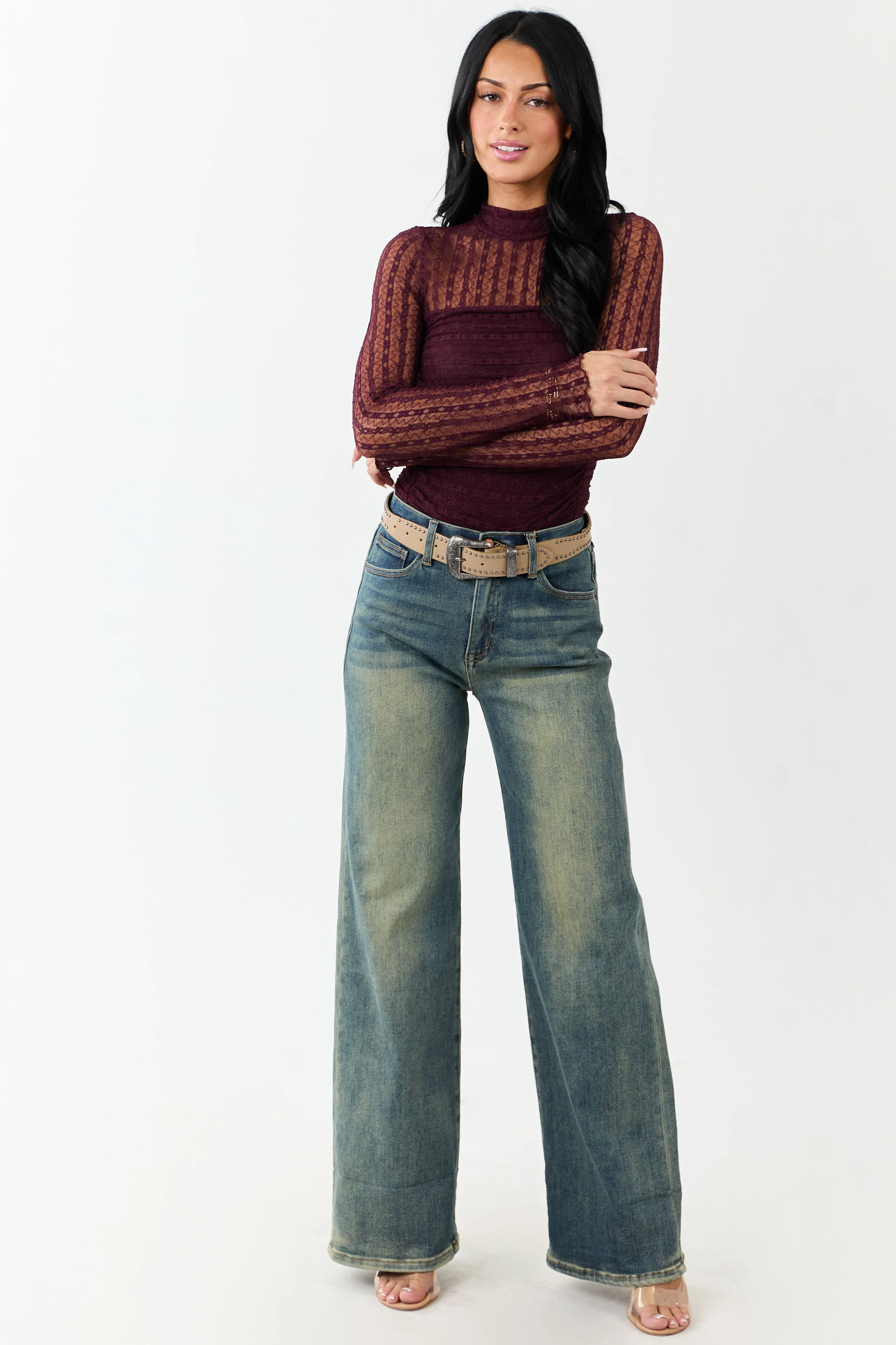 Eggplant Mesh Lace Ruched Long Sleeve Bodysuit sold by Lime Lush product image thumbnail 3