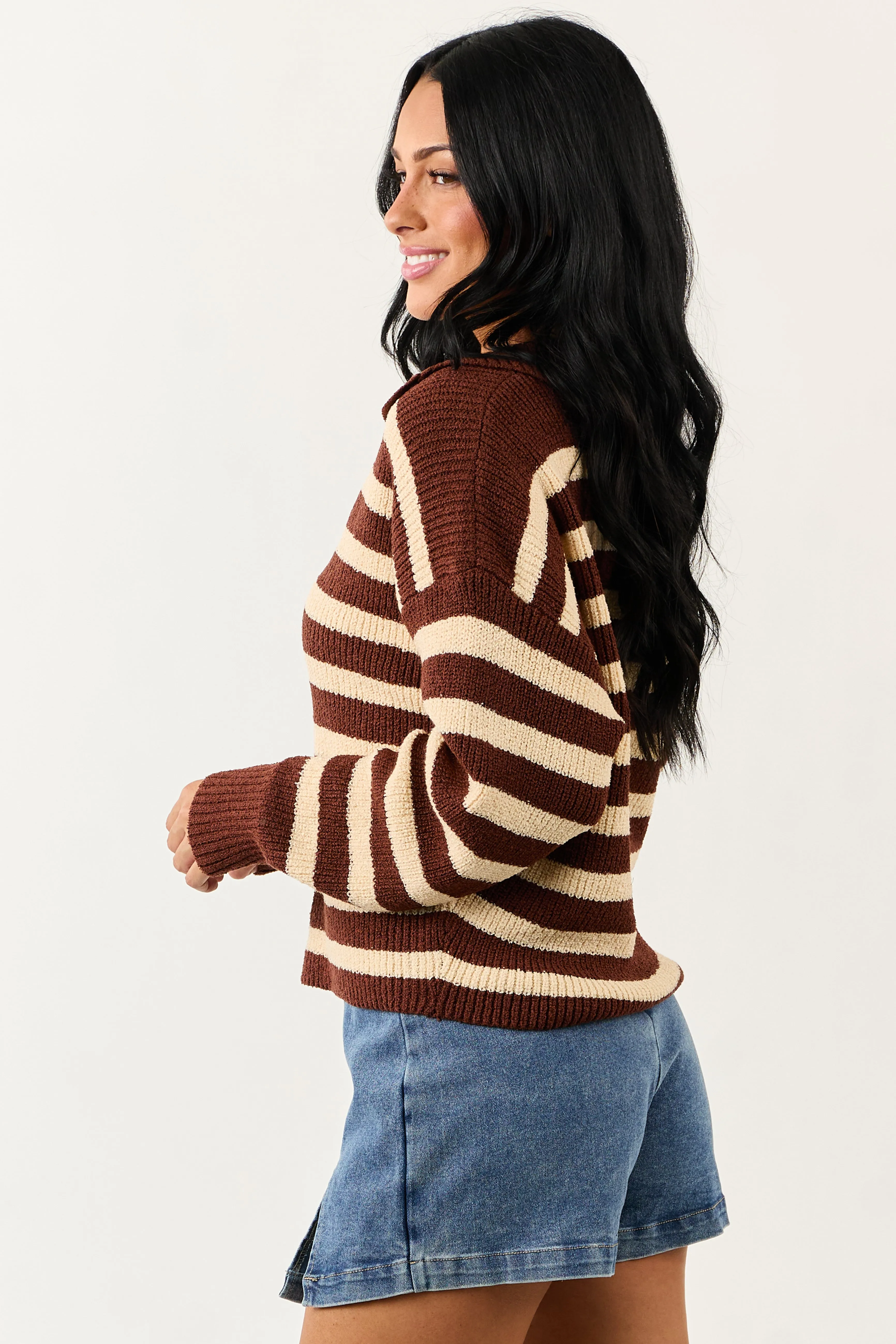Cream and Cocoa Striped Collared Sweater sold by Lime Lush product image thumbnail 4