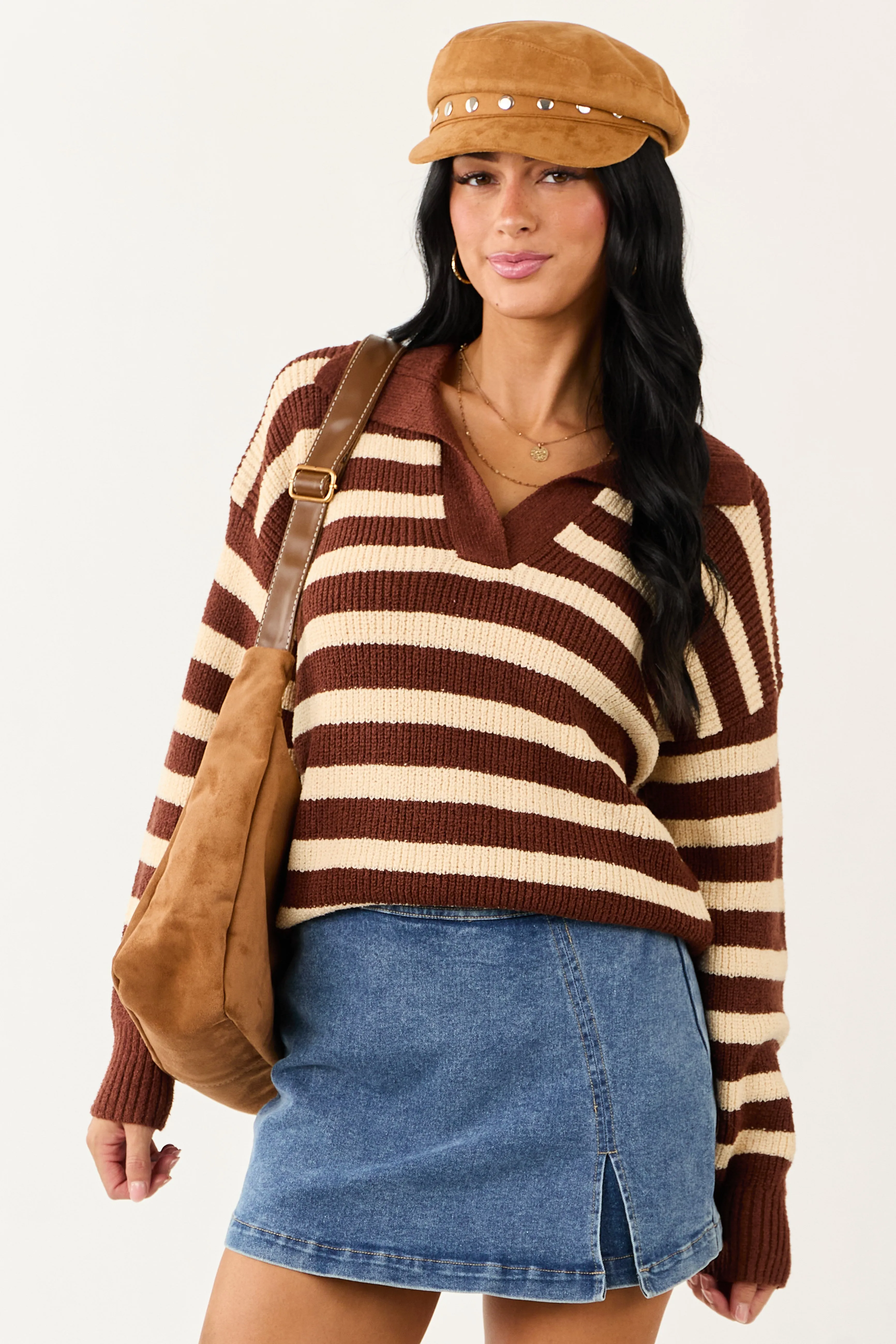 Cream and Cocoa Striped Collared Sweater sold by Lime Lush