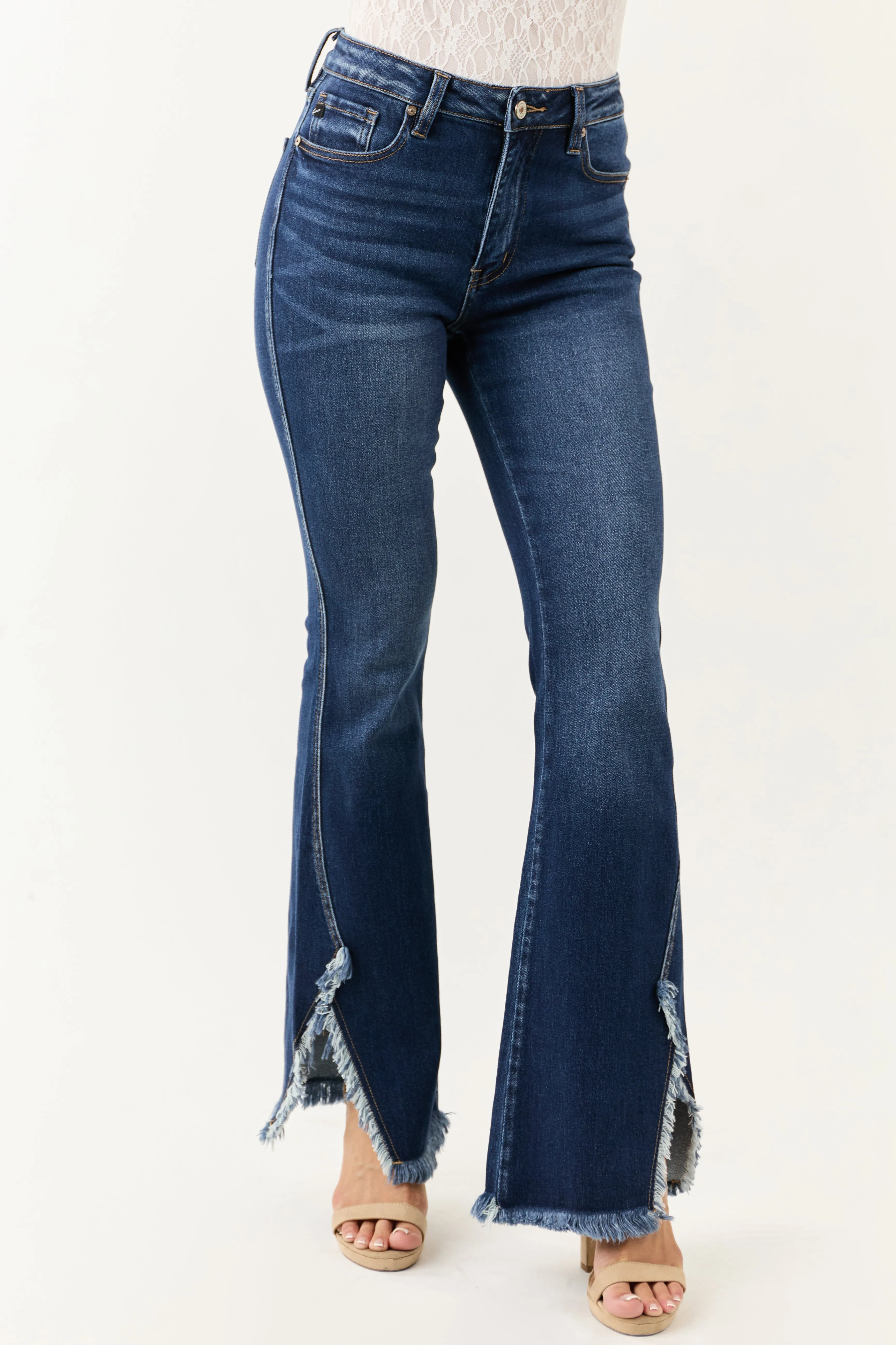 KanCan Dark Wash Frayed Hem Stretchy Bootcut Jeans sold by Lime Lush