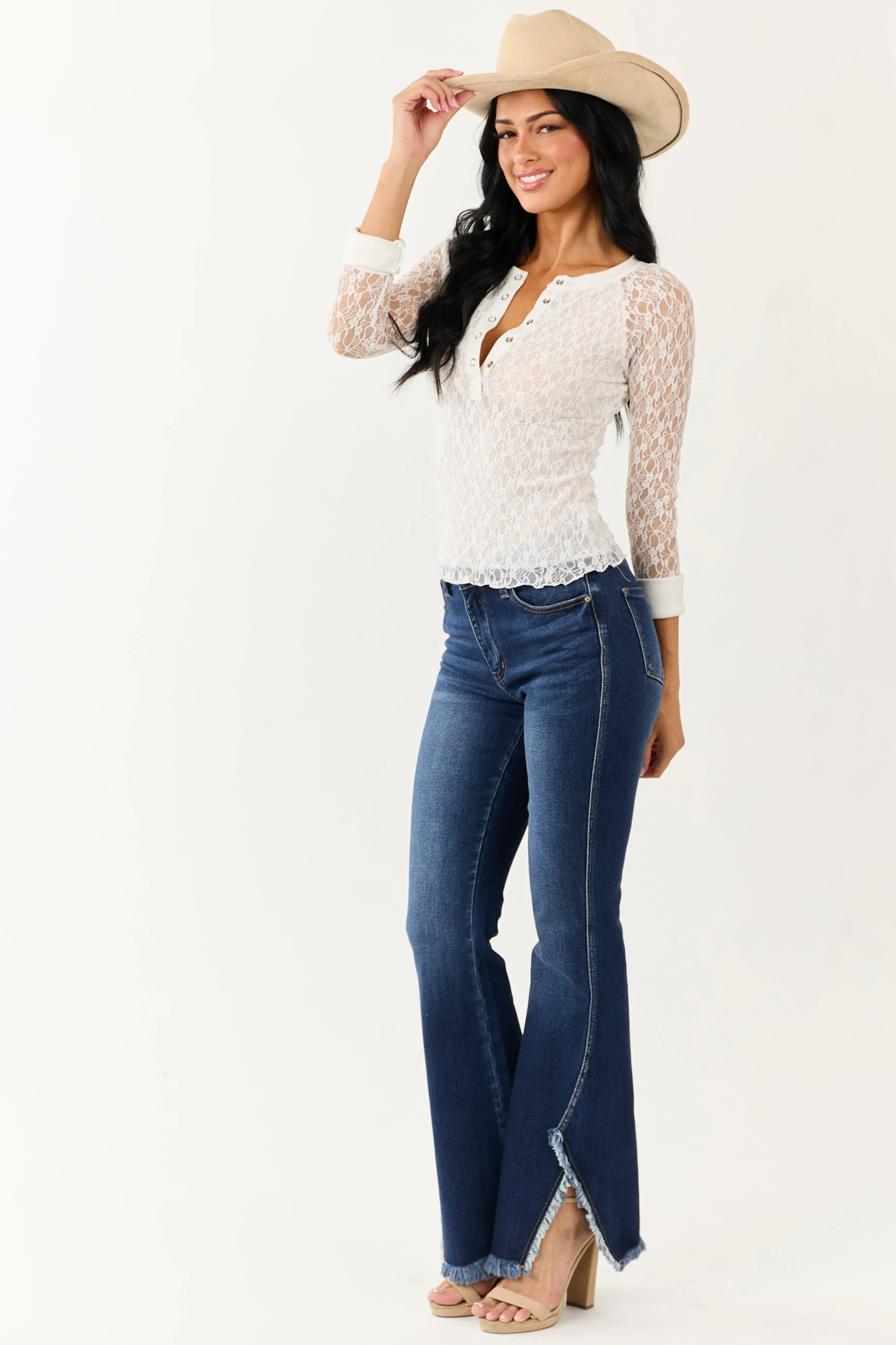 KanCan Dark Wash Frayed Hem Stretchy Bootcut Jeans sold by Lime Lush product image thumbnail 5