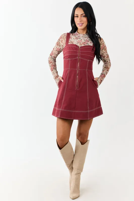 Wine Pintuck Bust Zip Up Denim Mini Dress sold by Lime Lush