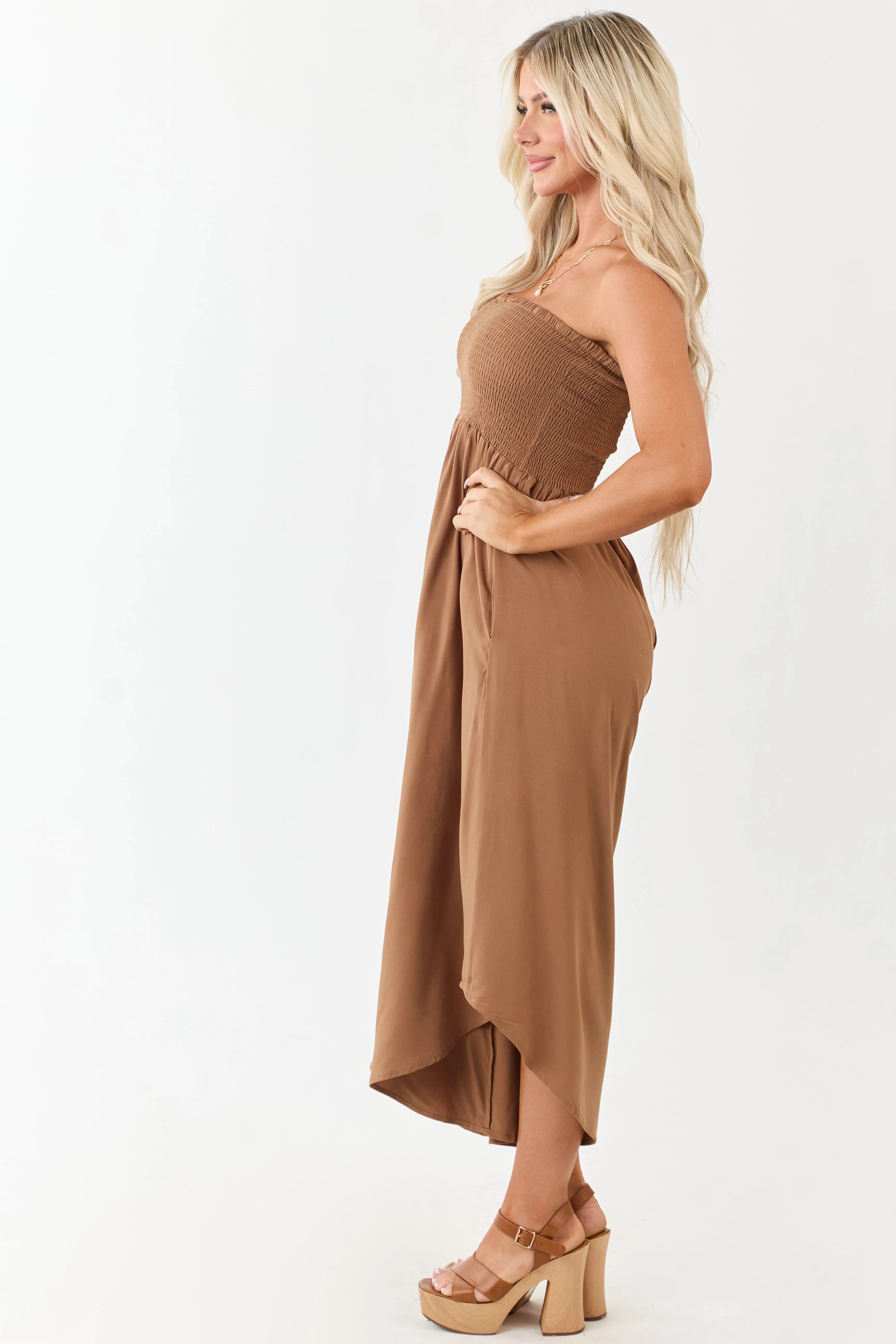 Cognac Smocked Bodice Strapless Wide Leg Jumpsuit sold by Lime Lush product image thumbnail 5