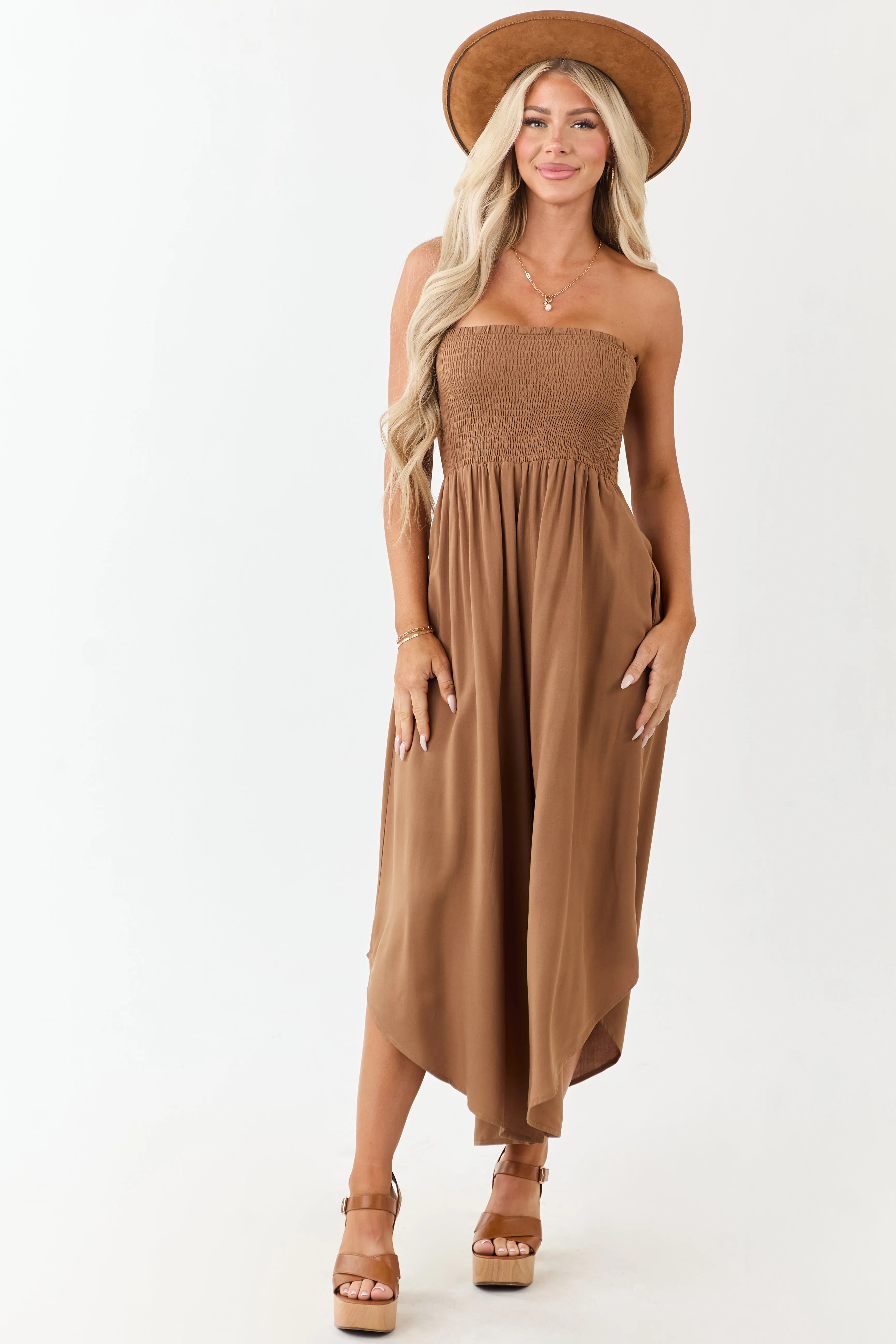 Cognac Smocked Bodice Strapless Wide Leg Jumpsuit sold by Lime Lush product image thumbnail 2