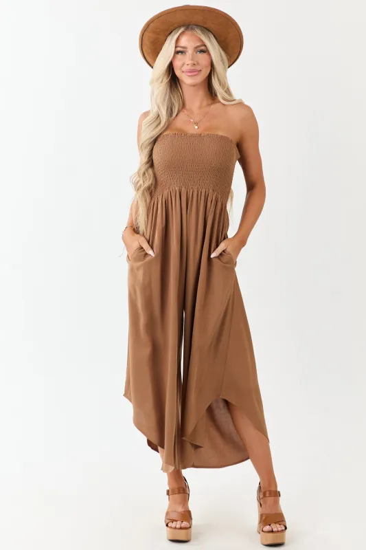 Cognac Smocked Bodice Strapless Wide Leg Jumpsuit sold by Lime Lush