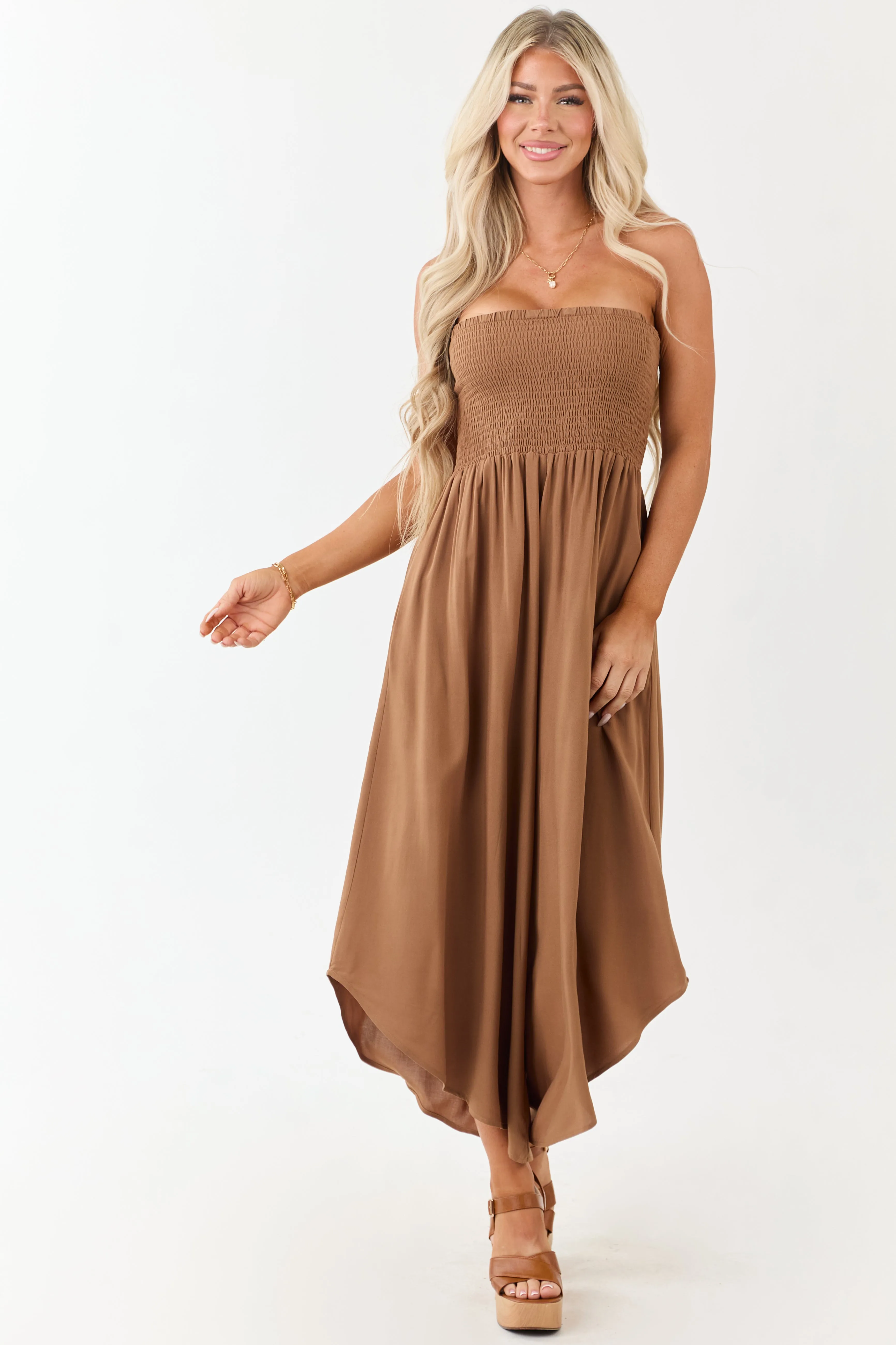 Cognac Smocked Bodice Strapless Wide Leg Jumpsuit sold by Lime Lush product image thumbnail 4