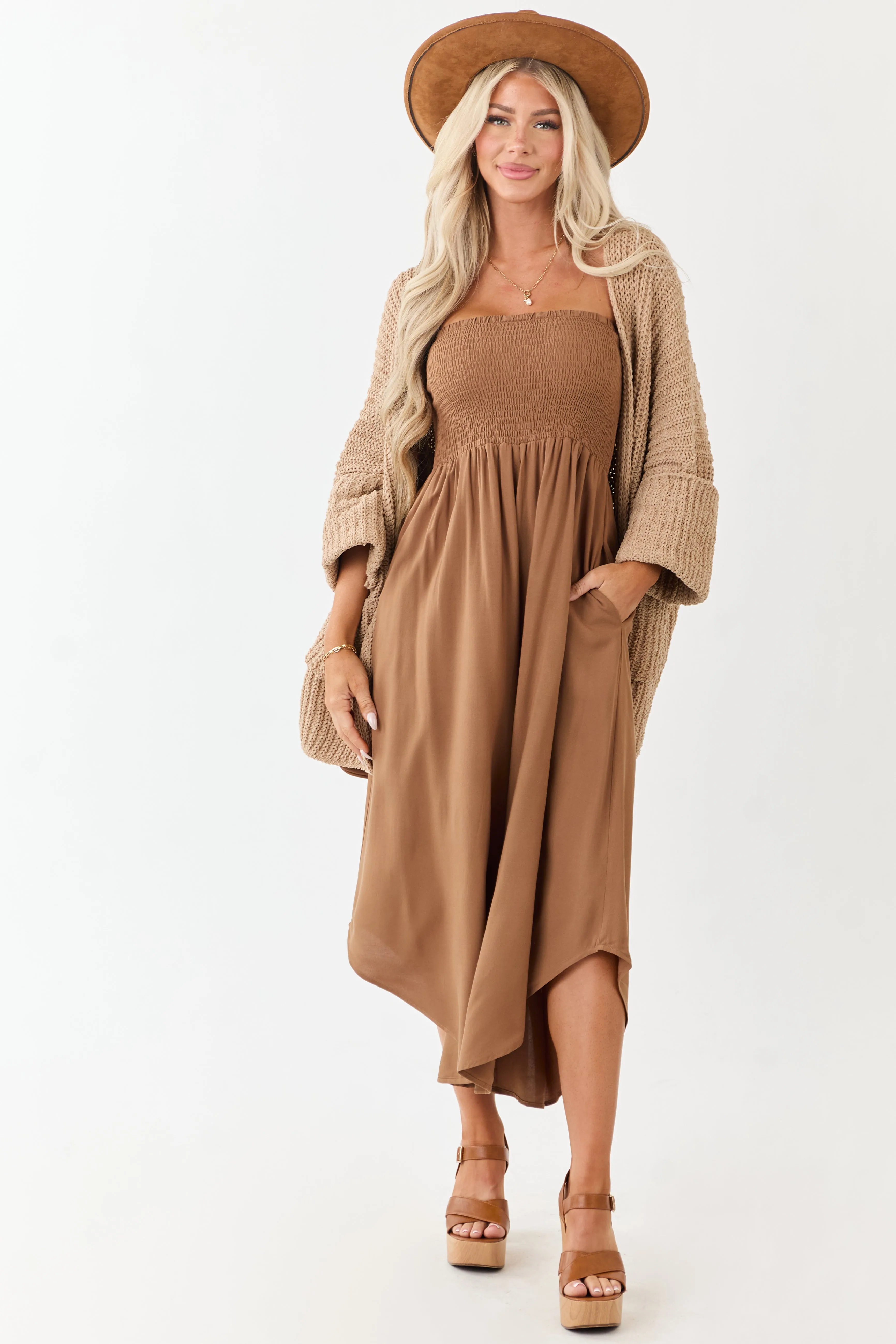 Cognac Smocked Bodice Strapless Wide Leg Jumpsuit sold by Lime Lush product image thumbnail 3